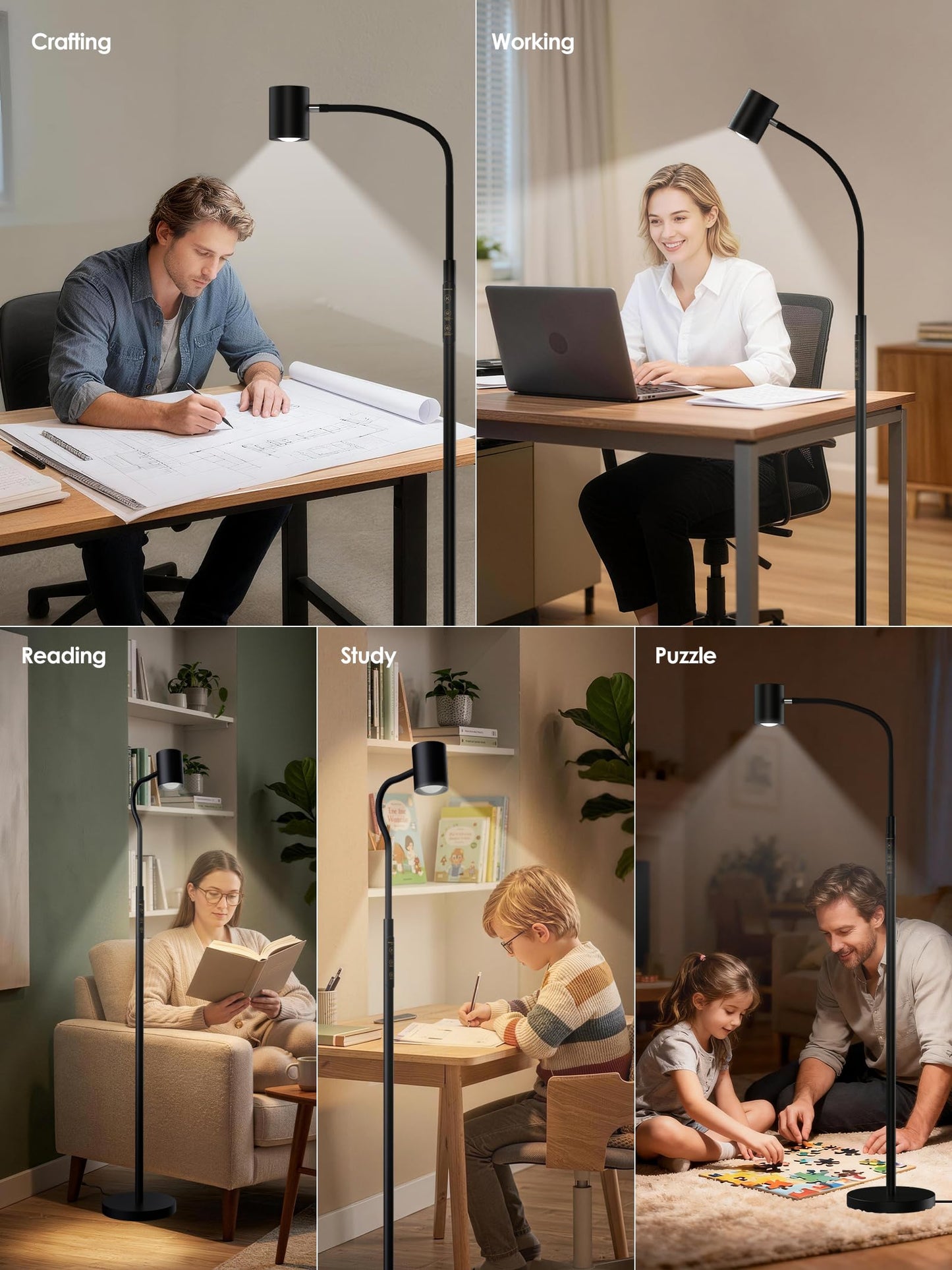 Reading Floor Lamp, 62" Tall LED Floor Lamp, Dimmable Standing Lamp, 7 Brightness & 4 Color Temperature, Adjustable Gooseneck, Touch Control, Task Craft Light for Living Room Bedroom Office,Black