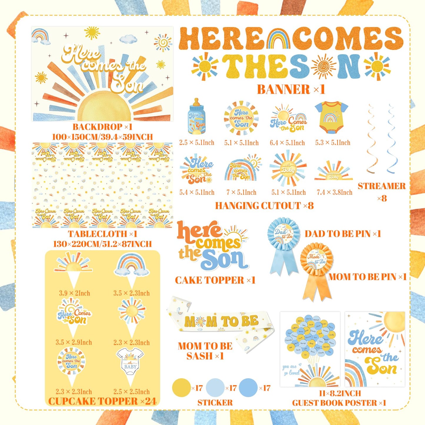 Here Comes the Son Baby Shower Decor for Boy, All-in-1 Boho Retro Sunshine Baby Shower Decorations with Balloon Arch Baby Boxes Rainbow Plates Napkins Cake Topper Tablecloth Backdrop It’s A Boy Decor