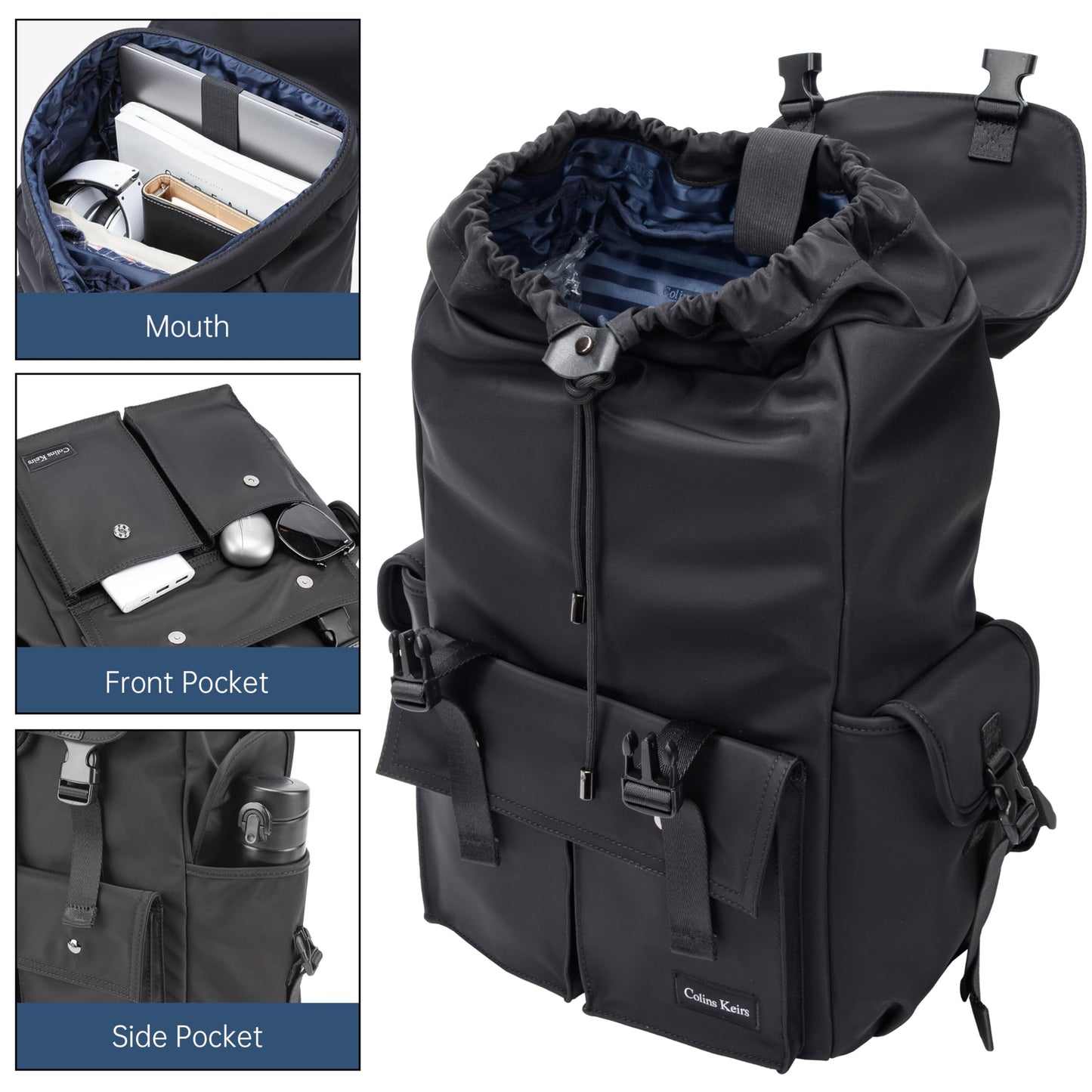 Colins Keirs Black backpack men, 16 inch laptop backpack for men, Drawstring anti-theft waterproof tech backpack with laptop compartment, Large 30 L