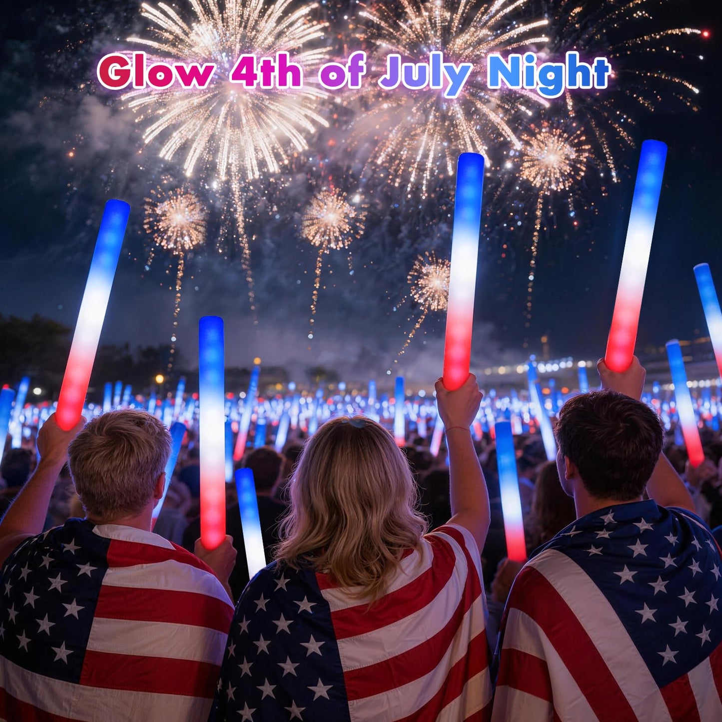 SHQDD 72 PCS 4th of July Foam Glow Sticks Bulk , Patriotic Red White Blue Glow in the Dark Foam Sticks, Light up Supplies for Kids & Adults, Glow Party Accessories & Decorations for Independence Day