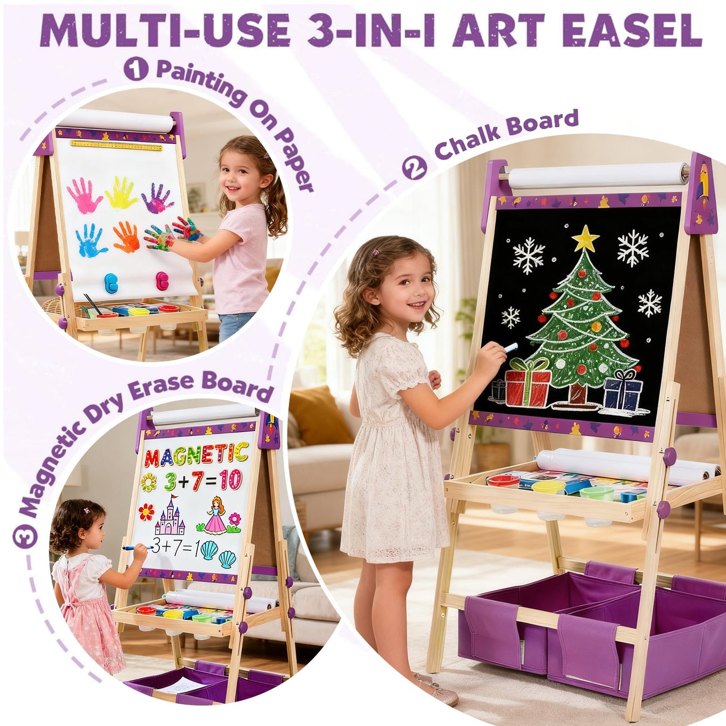 Art Easel for Kids with 3 Paper Roll, Magnetic Whiteboard and Chalkboard,Adjustable Standing Wooden Toddler Easel for Painting Double Sided,3in1 Painting Easel for Kids 2-4 4-8 Boys Girls Gift Purple