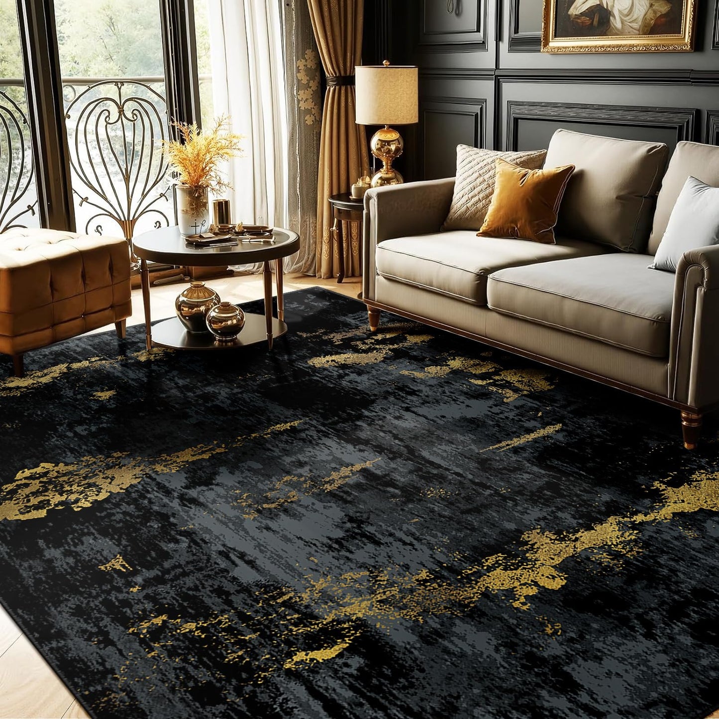 RELEANY Washable Area Rugs 5'x7' Non-Slip Modern Abstract Soft for Living Room Entryway Bedroom Kitchen, Print Pattern, Dark Black Gold