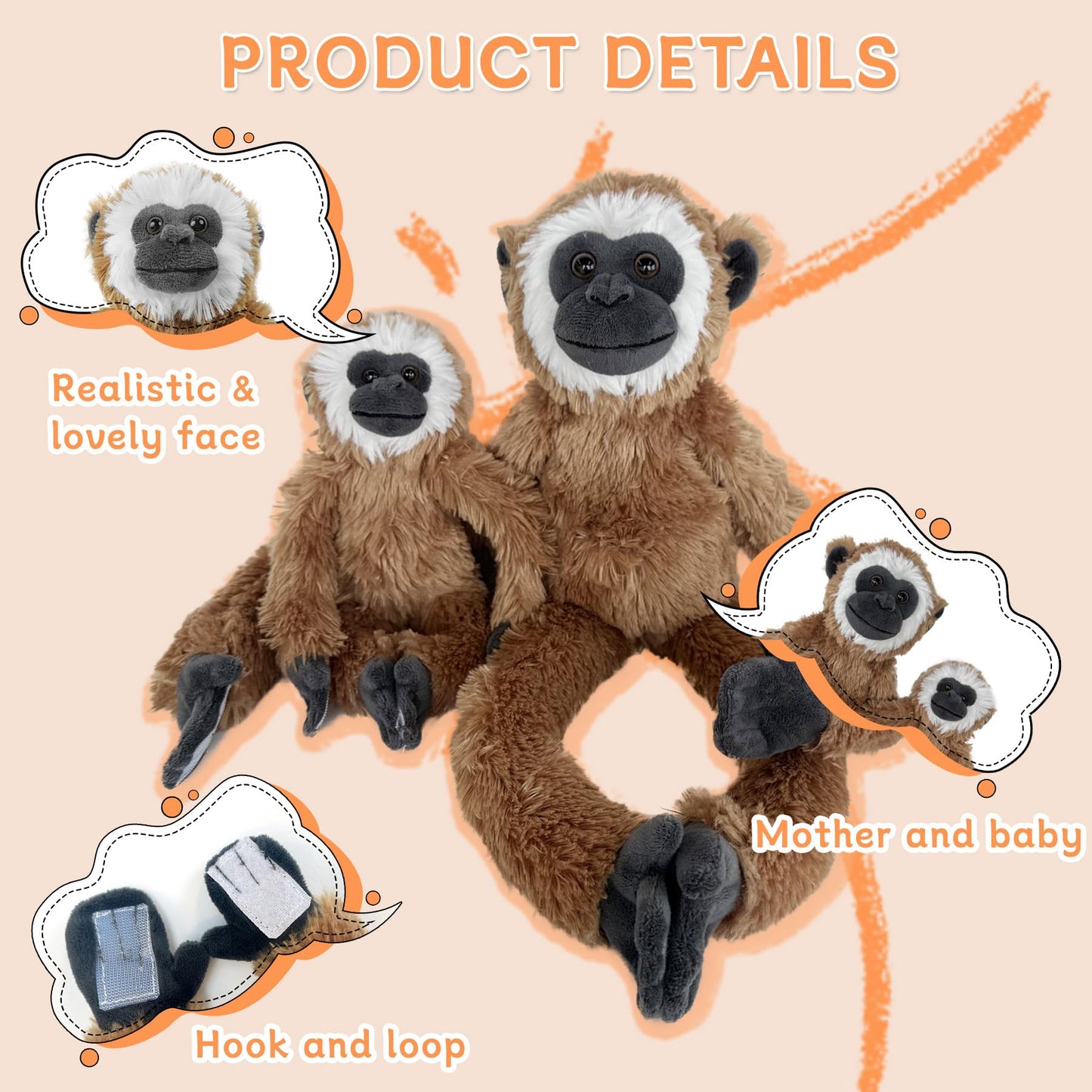 Hideekoog 2pcs Monkey Mother with Baby Hangs Plush Toys, Hooks and Stuffed Animals with Rings for Adults Favors, Gifts for Boys and Girls（Brown）