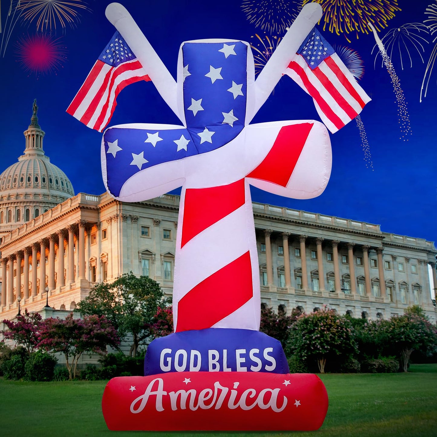DomKom 6FT Patriotic Independence Day 4th of July Memorial Day Inflatable Outdoor Decoration, Cross with American Flags, LED Lights Holiday Blow Up for Fourth of July Party Garden Yard Lawn Decor