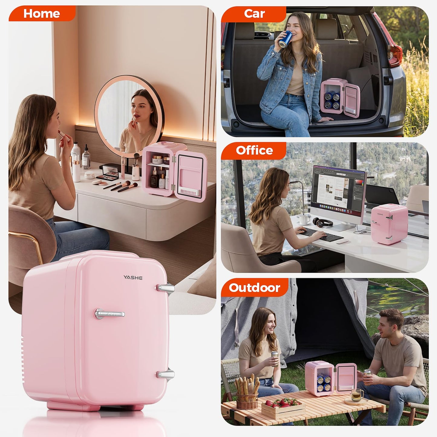 YASHE Mini Fridge, 4 Liter/6 Can Mini Makeup Fridge, 110V AC/ 12V DC Portable Thermoelectric Cooler&Warmer for Skincare, Drink, Cosmetic, Medicine, Small fridge for Bedroom, Office, Dorm, Car, Pink