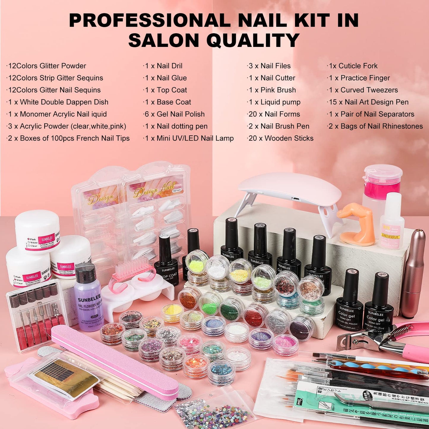 Nail Kit Set Professional Acrylic with Everything, Gel Nail Polish Kit with UV Light Acrylic Nail Kit with Drill Nail Art Tips Nail Art Decoration, DIY Nail Art Tool Nail Supplies Acrylic Nail Kit