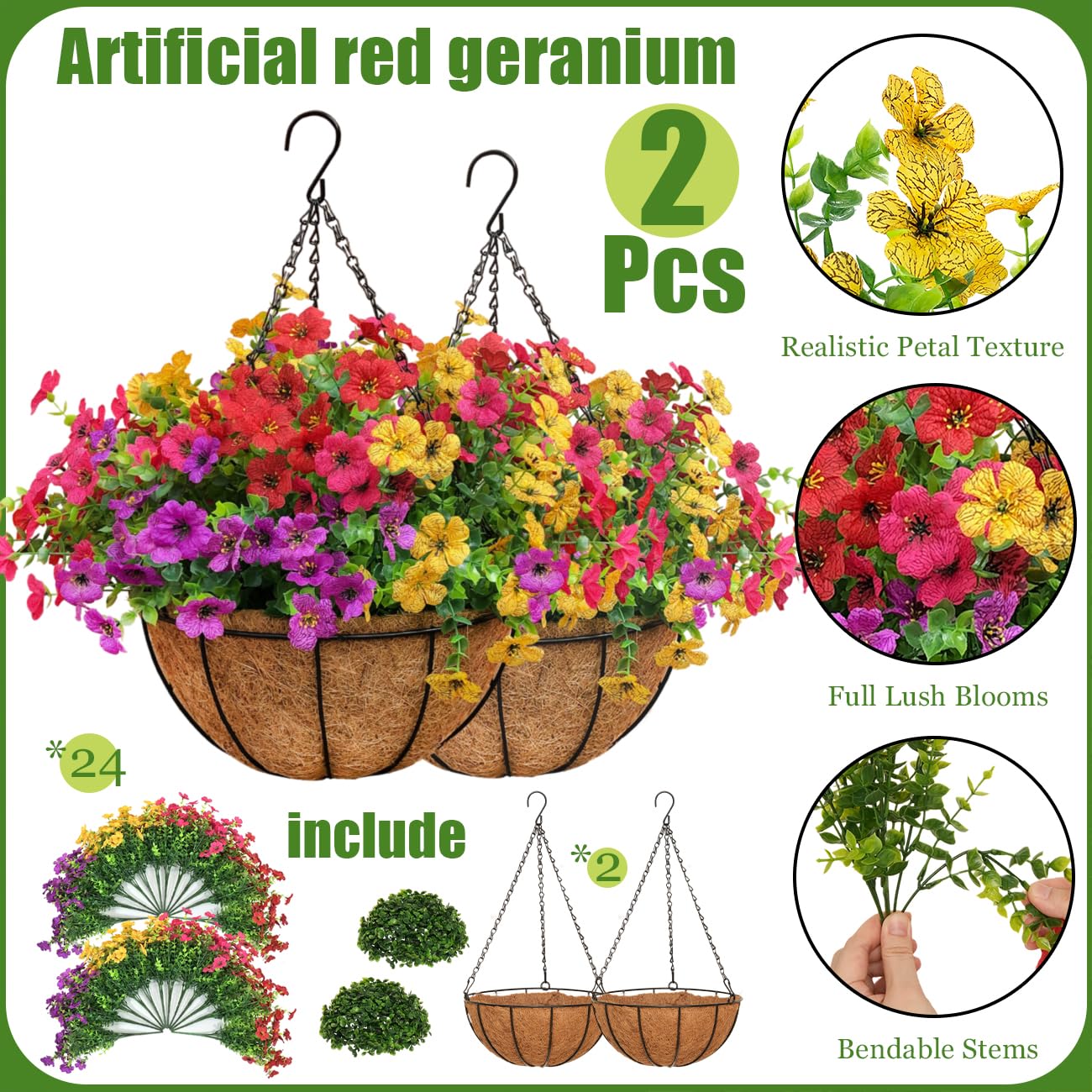 secqous 2 Set Artificial Outdoor Flowers with Hanging Basket, 2 Hanging Planters with 24 Pcs Flowers for Garden Porch Patio Balcony Yard Home Decoration