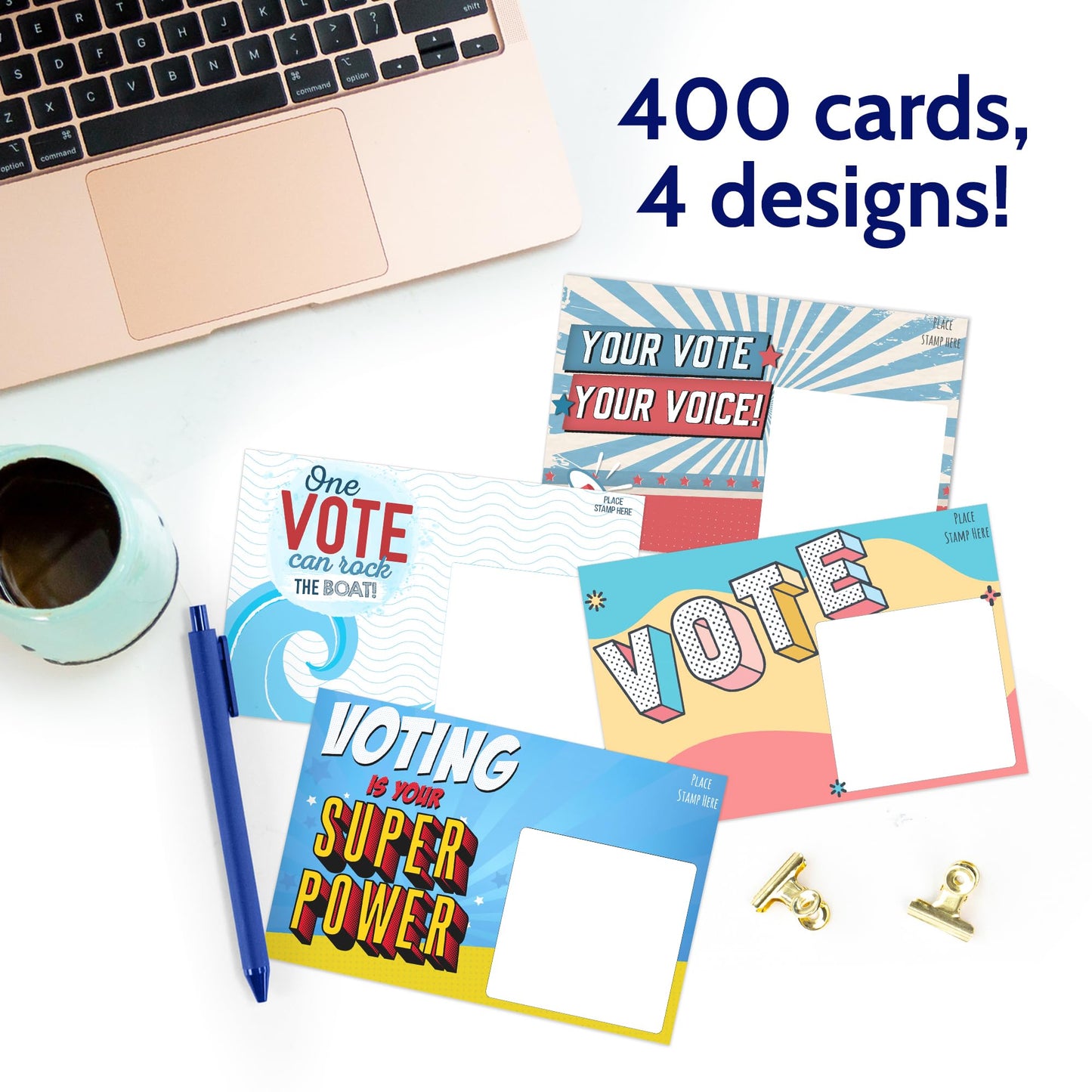 T MARIE 400 Bulk Voter Postcards 4x6-4 Vibrant Designs, Blank Back for Personalized Messages, Smear-Resistant Uncoated Cardstock, Spark Change and Encourage Voting in Your State