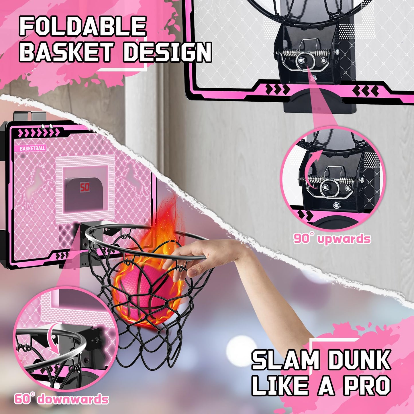 Mini Over The Door Basketball Hoop Indoor Kids Girls - Unicorn Pink Basketball Hoops with Electronic Scoreboard Toys & 3 Balls, Birthday Gifts Age 5 6 7 8 9 10 11 12 Year Old Girls