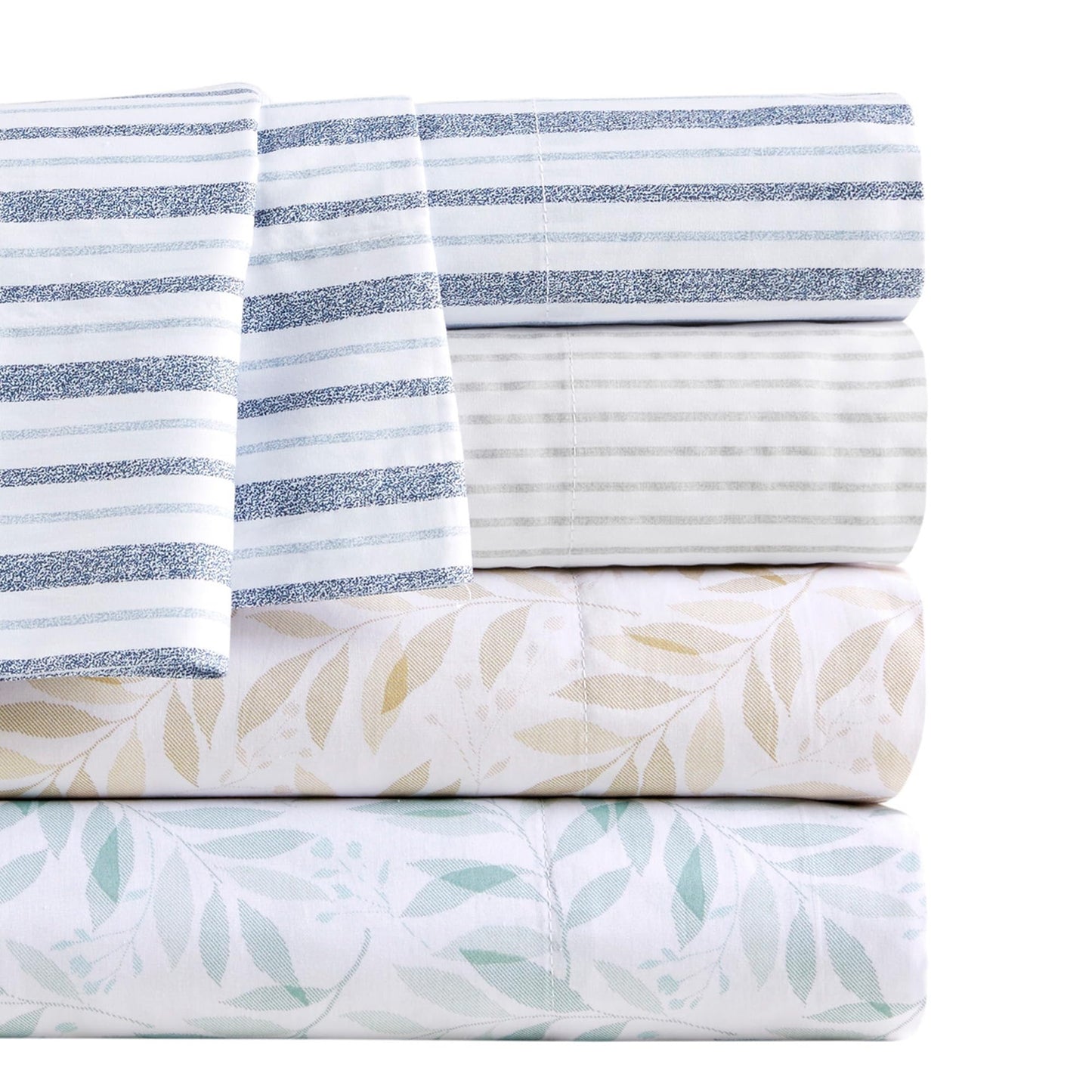 Madison Park 100% Cotton Sheets, Breathable & Soft Cotton Bed Sheets, Printed Design, Elastic Pocket Cotton Sheet Set Fits Up to 17" Mattress, All Season, Queen Blue Stripes 4 Piece