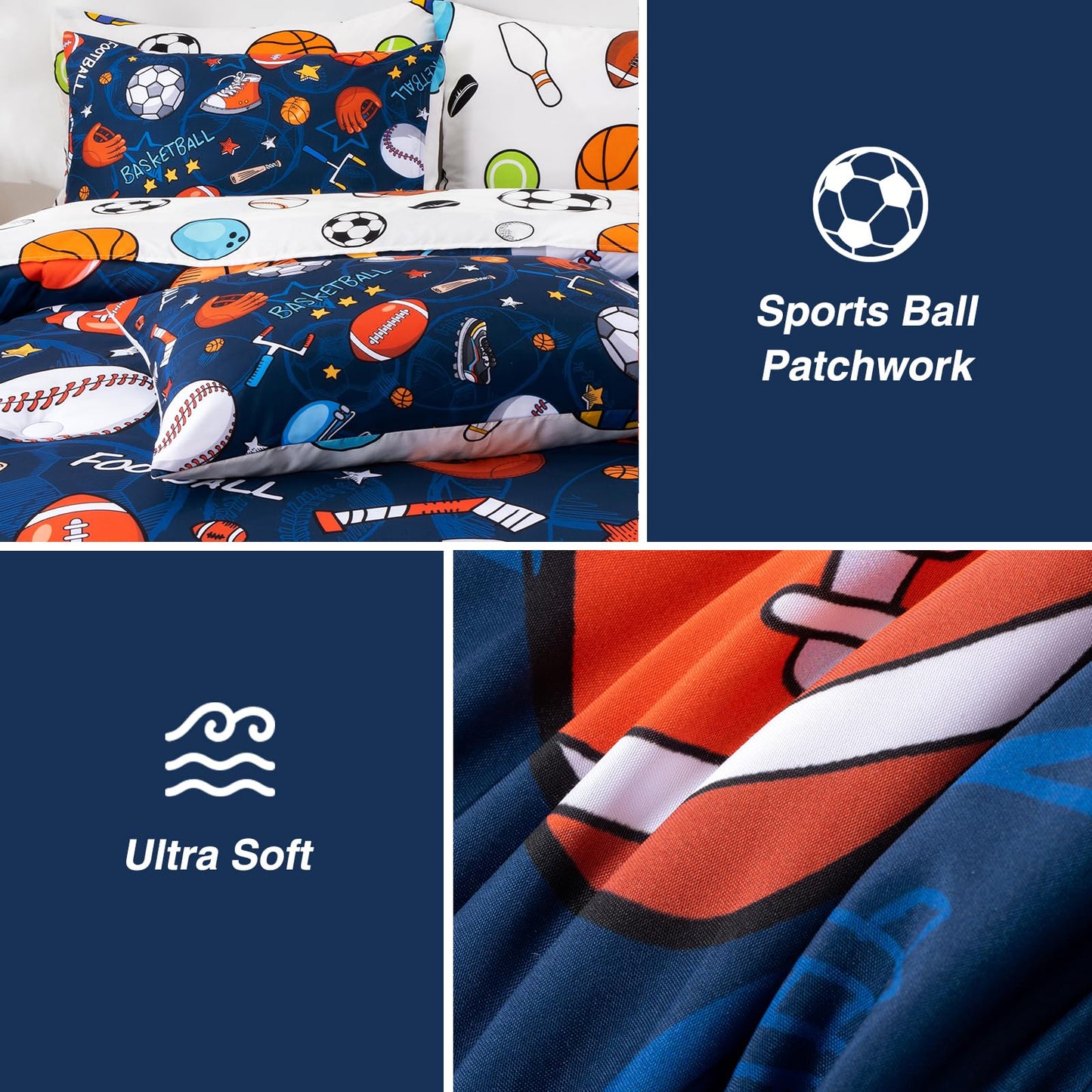 A Nice Night 6Pcs Bed in A Bag Twin Sports Microfiber Modern Comforter Set,Navy Rugby Ball Printed Bedding Collections,for Boys Kids Teen