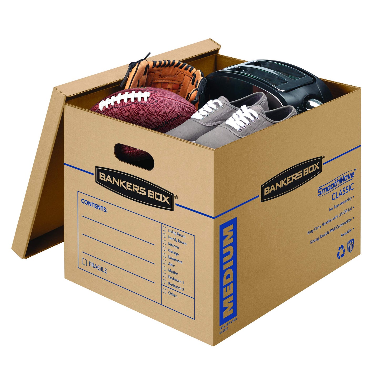 Bankers Box Medium Classic Moving Box 20 Pack, Reinforced Handles, Tape-Free Assembly, Box with Lid, 19" x 14.5" x 15.5", Cardboard