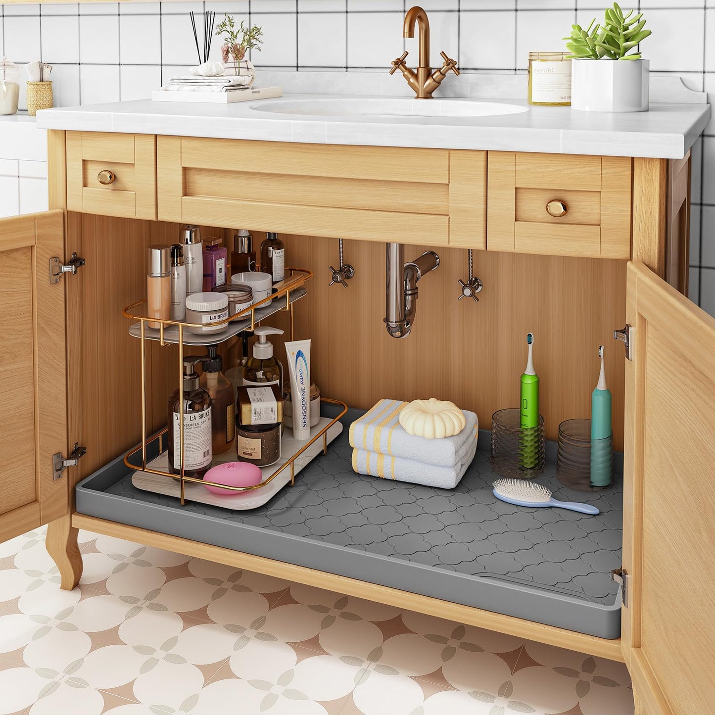 Jin&Bao Waterproof Under Sink Mat 40" x 22", Thick Silicone Mat Cabinet Protector for Kitchen and Bathroom, Shelf Liner, Home Organizer and Storage, Multipurpose Tray for Gadgets and Essentials