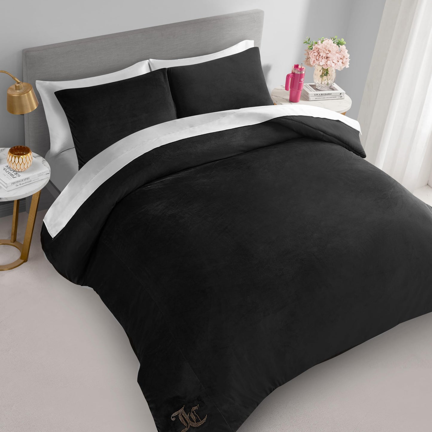 Juicy Couture Black Velour Full/Queen Comforter Set - 3 Piece Luxury Bedding Ensemble