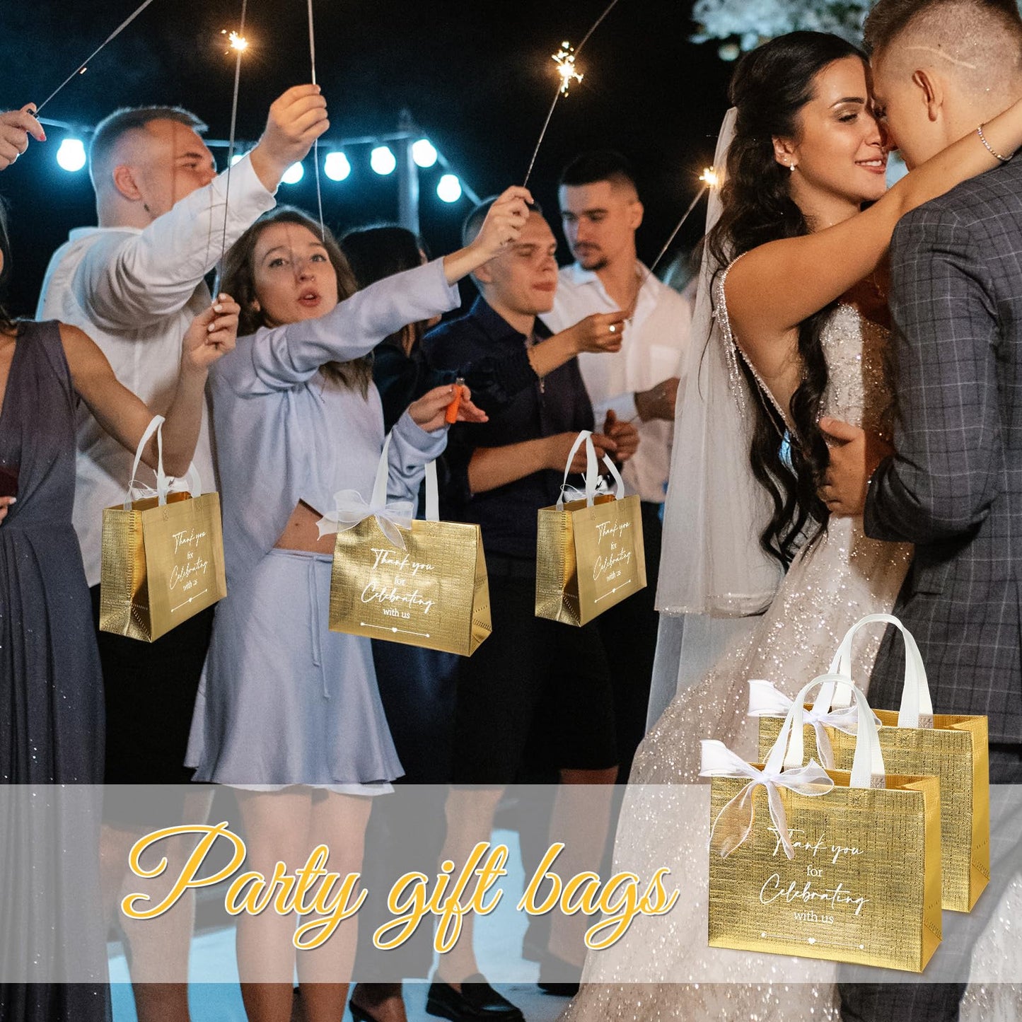 CHENGU 100 Pcs Thank You for Celebrating with Us Wedding Gift Bags for Hotel Guests Bulk Welcome Bags Reusable Non Woven Tote with Handle for Bridal Shower Party Favor(Gold)