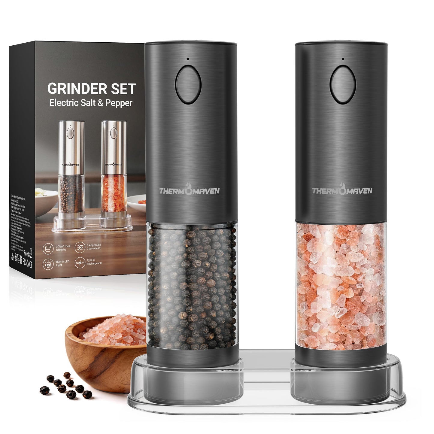 ThermoMaven Electric Salt and Pepper Grinder Set, 110ml Larger Rechargeable Automatic Salt and Pepper Mill Grinder with 6 Adjustable Coarseness, Electric Salt and Pepper Shakers, LED, Gun Grey