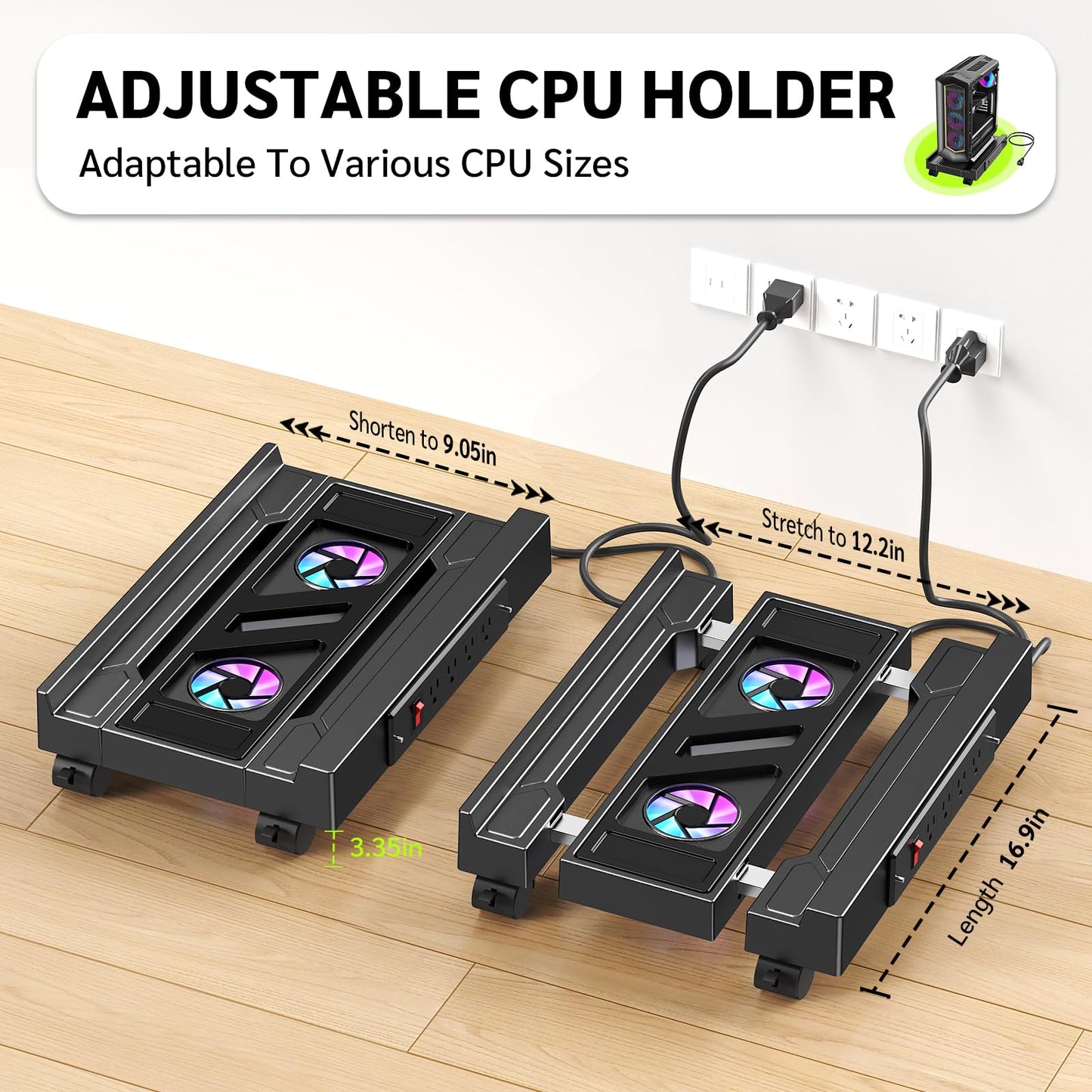 Adjustable CPU Holder with Charging Station and Cooling Fan with RGB Light,Mobile CPU Holder with 4 Rolling Casters, Under Desk CPU Bracket PC Floor Cart PC Riser for Office, Home (Socket with Fan)