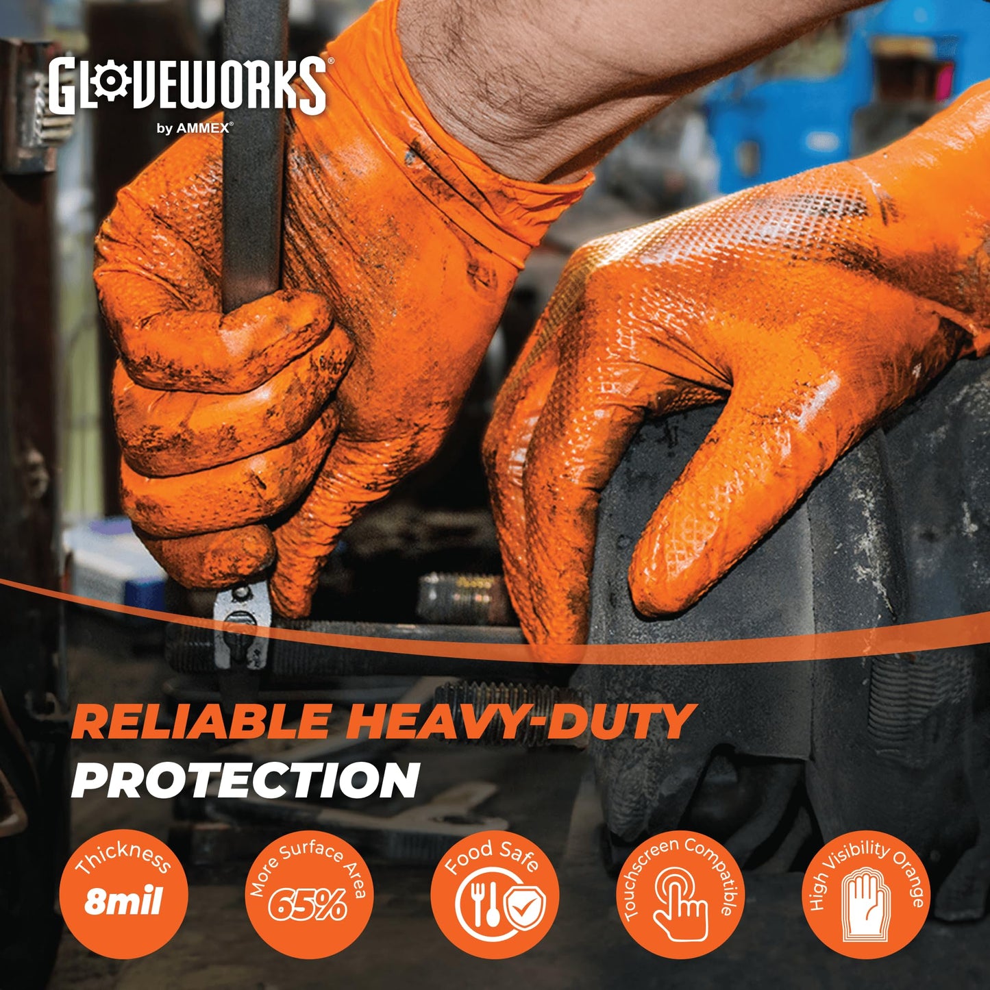 GLOVEWORKS Orange Nitrile Gloves 8 Mil Disposable Heavy Duty Raised Diamond Texture Latex Free Mechanic, Large 2 Boxes of 100