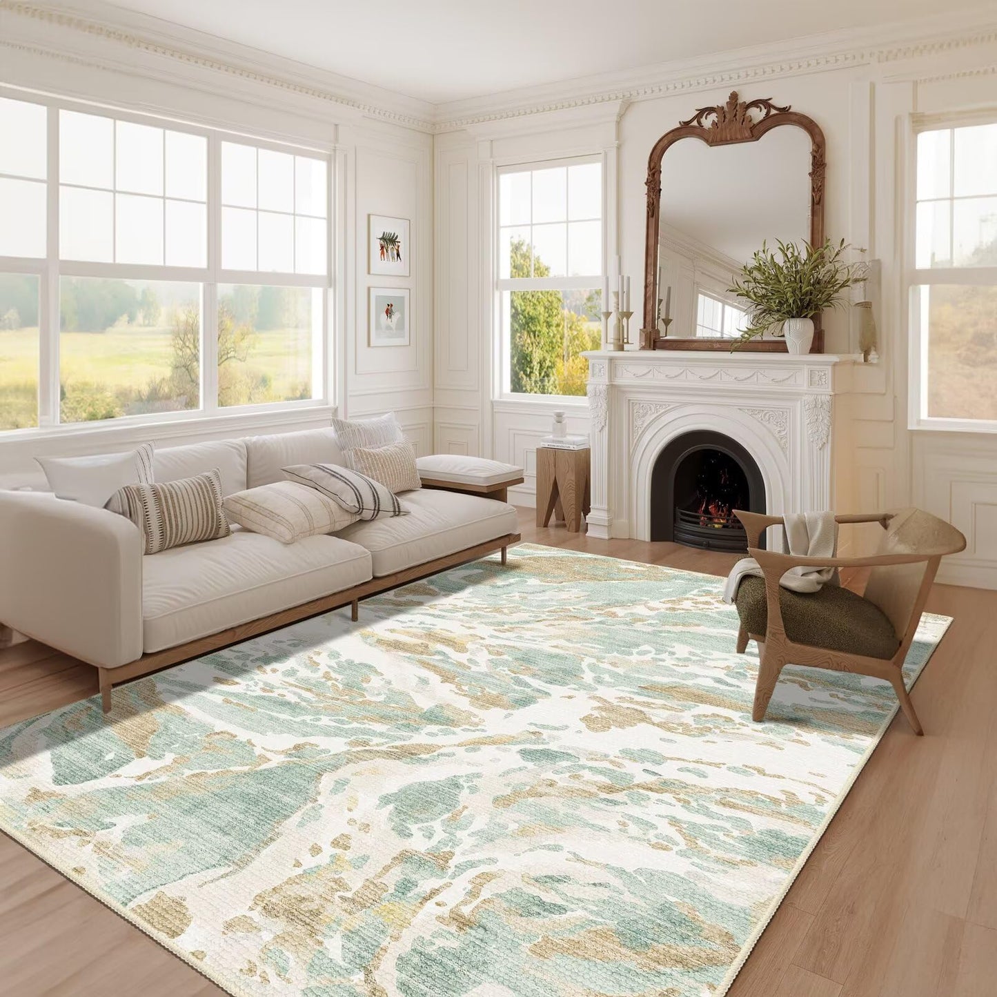 DEXDE 5x7 Area Rug for Living Room Bedroom, Washable Modern Abstract Non Slip Large Soft Rugs Low Pile Floor Carpet for Dining Room Bedroom Kitchen Office Nursery Playroom, Green