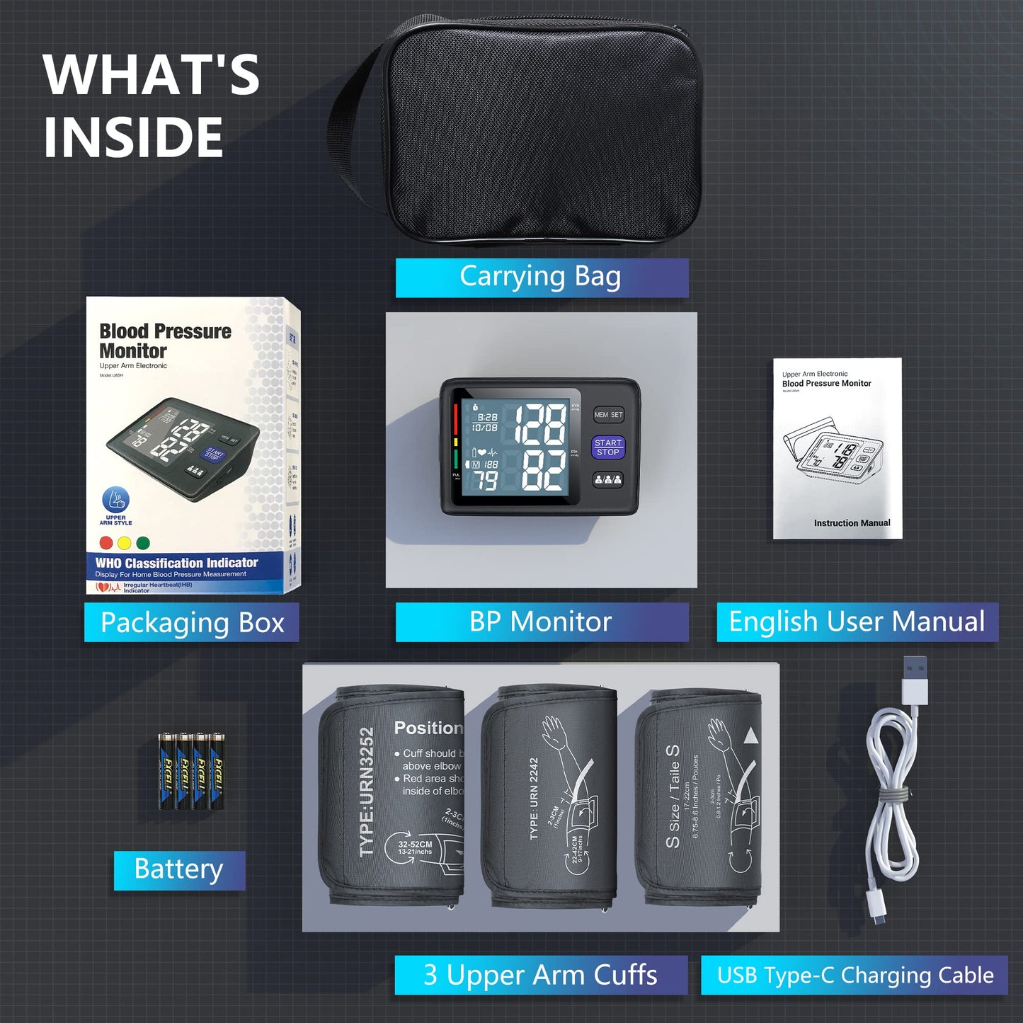 Blood Pressure Machine Upper Arm, 3 Size Cuffs, S, M/L and XL, Small 7"-9", Medium/Large 9"-17" and Extra Large Cuff 13"-21", Accurate Automatic Digital BP Monitor, Large Backlit LCD, 3-User 1500 MEM