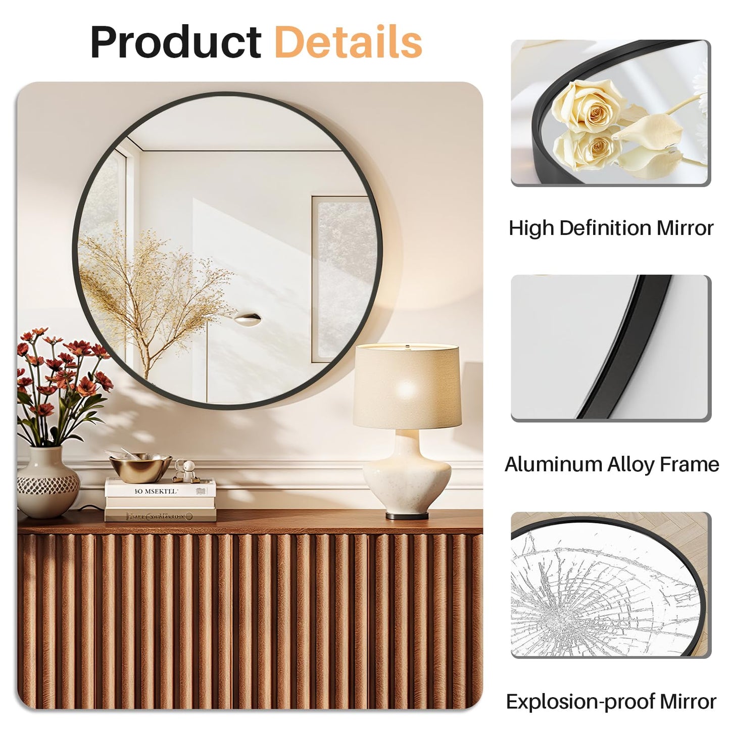Atilioo Bathroom Mirror for Wall, 30 Inch Round Mirror, Matte Black Metal Framed Circle Vanity Mirror for Bathroom Bedroom Living Room Entryway, Anti-Rust, Tempered Glass, Hanging or Leaning