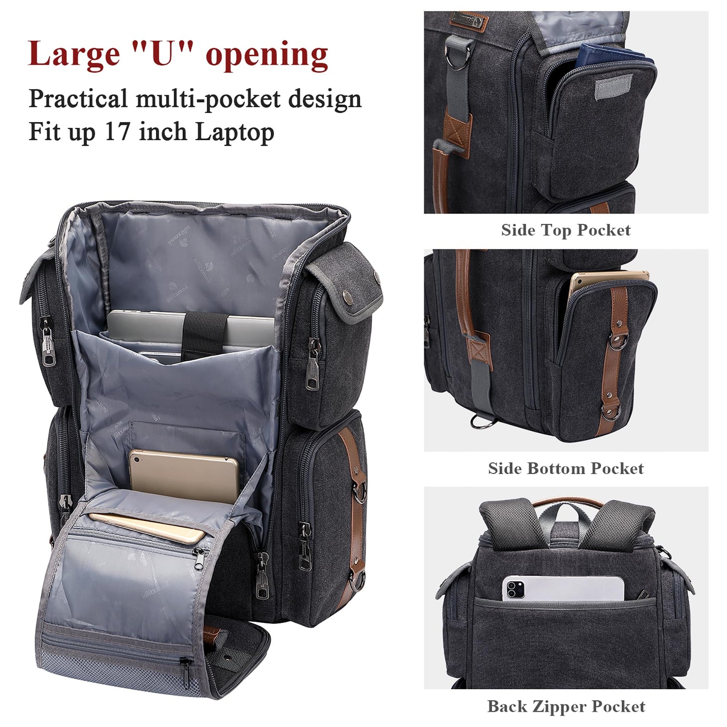 WITZMAN Travel Backpack for Men and Women Carry On Canvas Backpack Duffel Bag for Airplanes Fit 17 Inch Laptop (6661 canvas black)