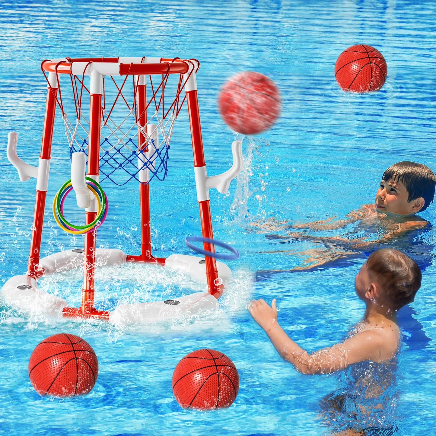 Pool Basketball Hoop Toys for Kids Ages 4-8 8-12 Adult, Summer Outdoor Swimming Pool Games Water Play Toys Family Party for Teens, 2in1 Pool Basketball Hoop & Rings Game with 4 Balls 12 Rings and Pump