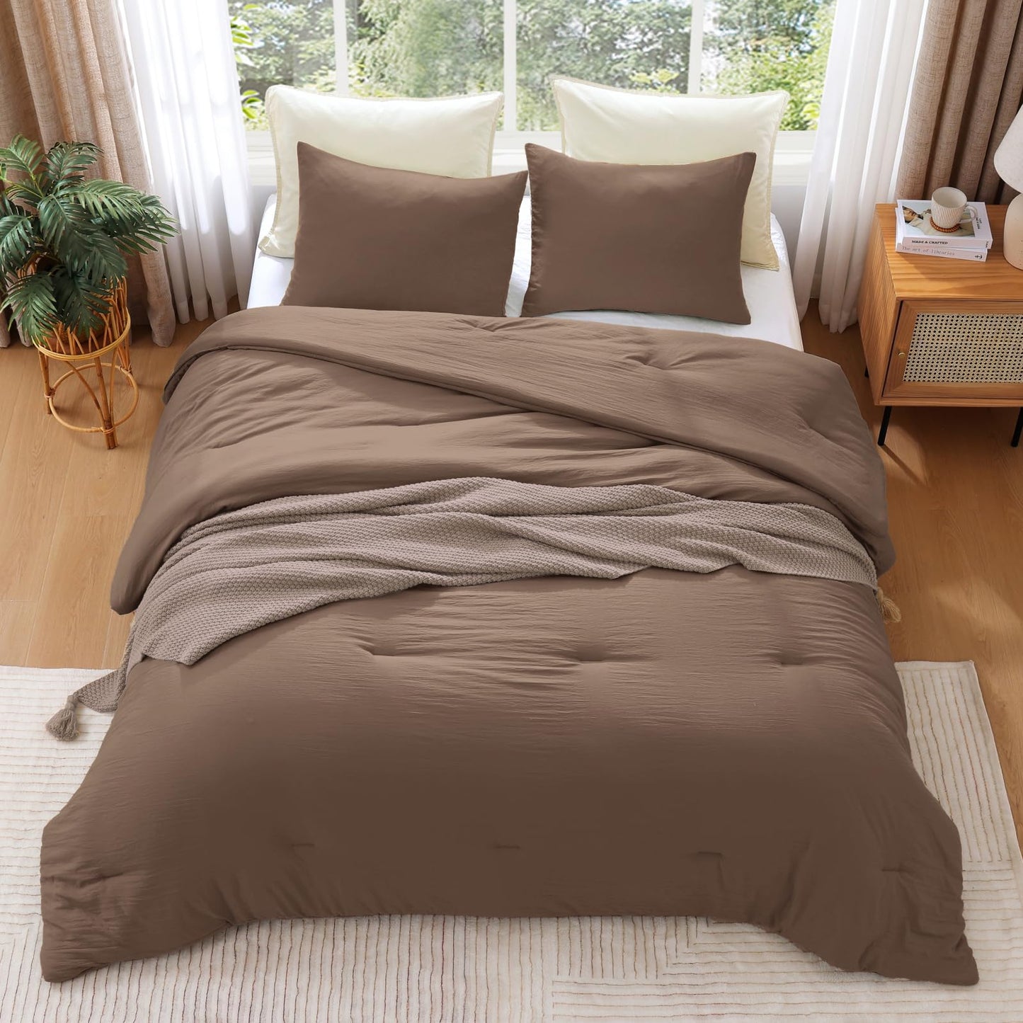 WRENSONGE Queen Comforter Set - 3 Pieces Prewashed Brown Comforter Soft Lightweight for All Seasons,Down Alternative Comforters Queen Size with 2 Pillow Shams
