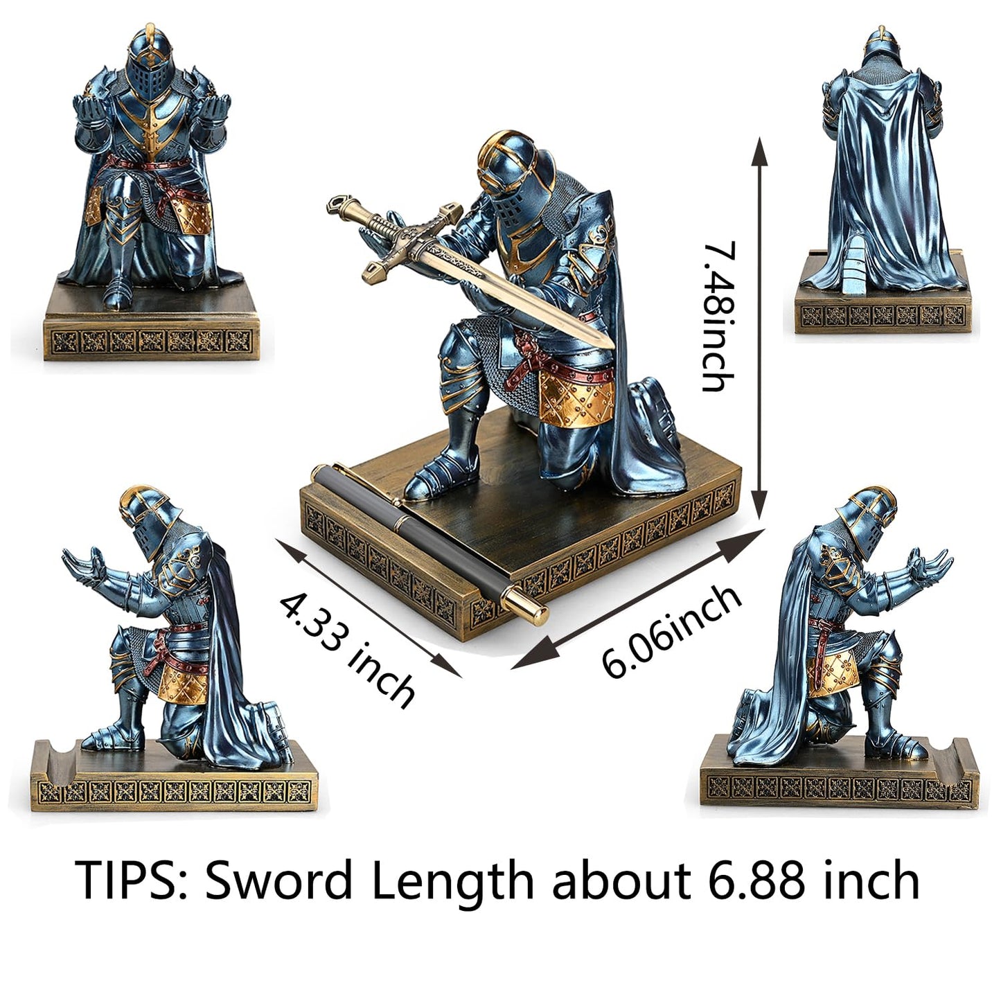 HDMbigmi King's Guard Leader Cloak Warrior Knight Pen Holder Mobile Phone Stand, Ornament Knight Statue, Pen Stand Paperweight for Office and Home (Blue)