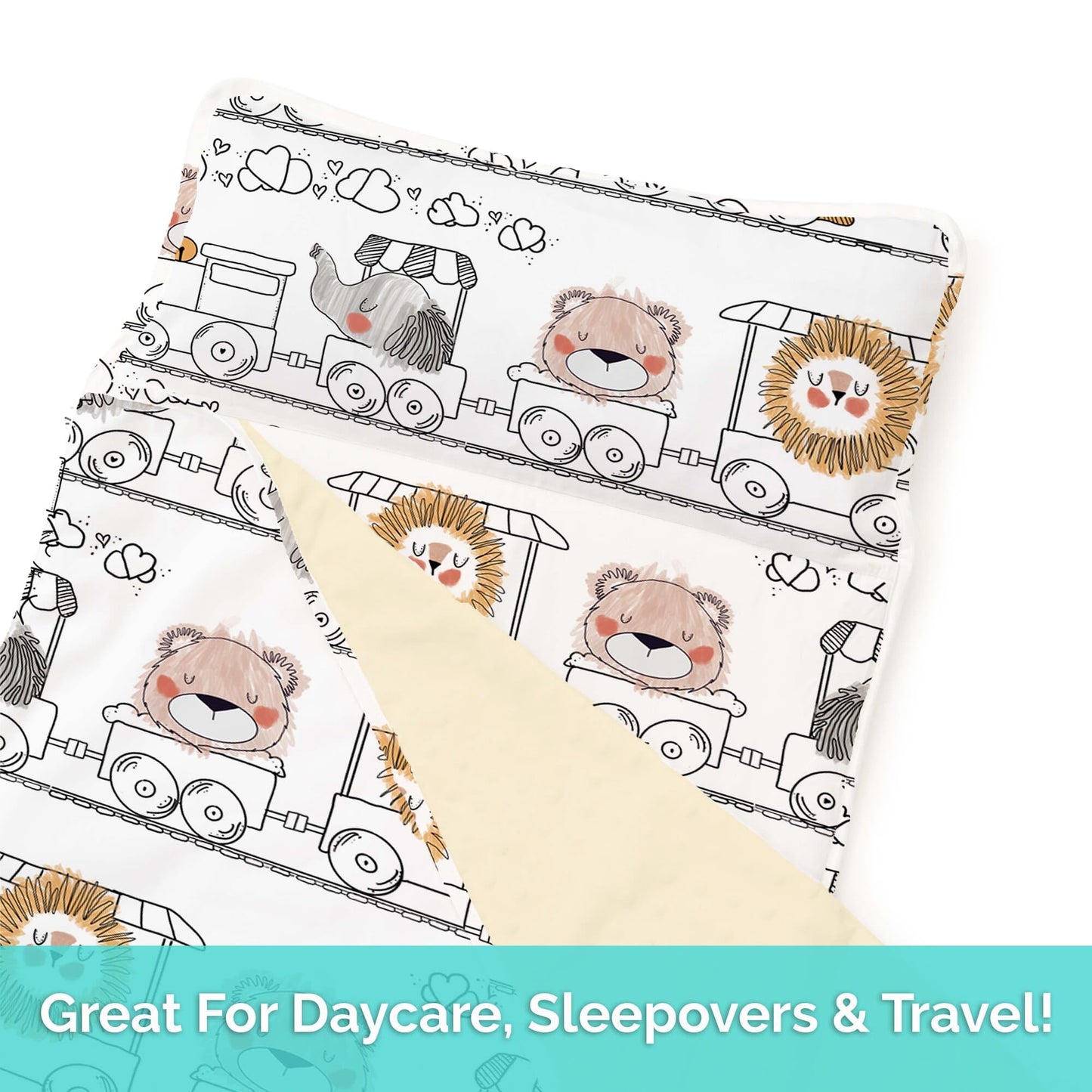 JumpOff Jo Nap Mat for Kids - Cozy Kids Rest Mat with Removable Pillow and Ultra Soft Blanket for Preschool, Daycare, and Sleepovers - Zoo Train