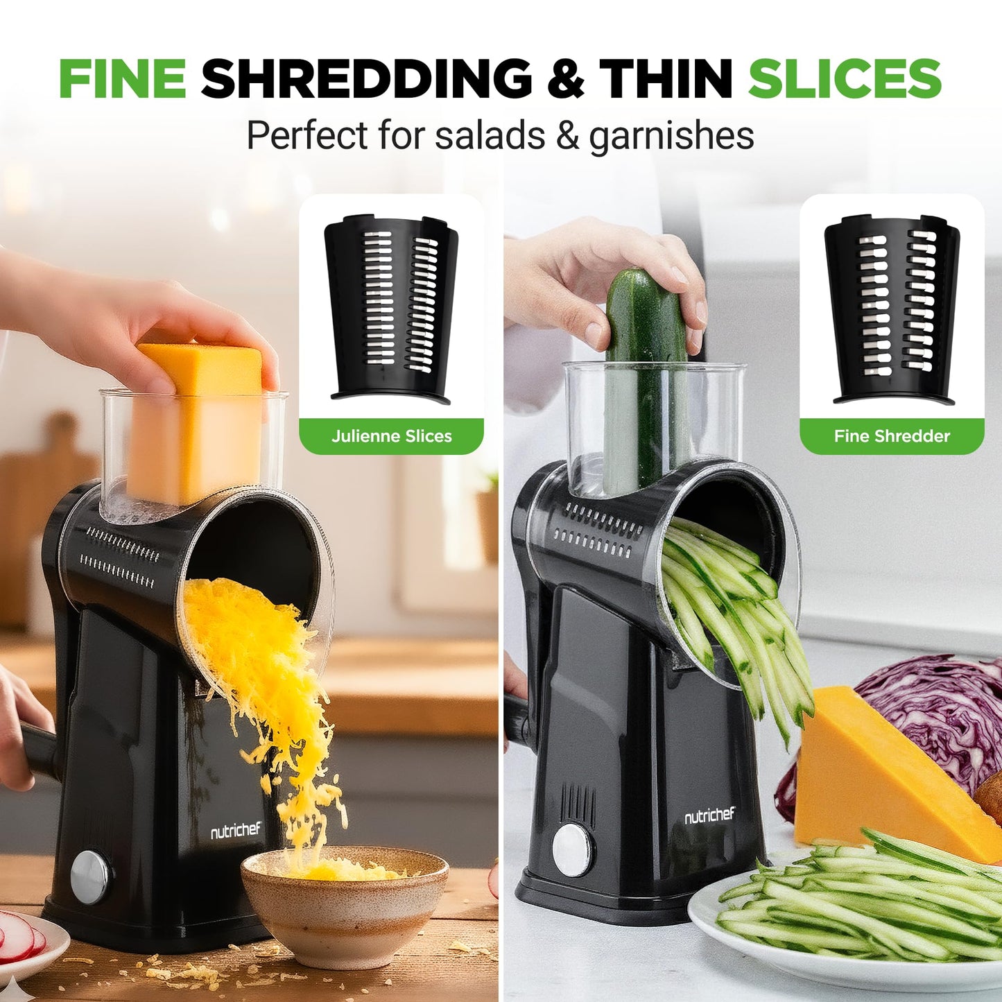 NutriChef 5 in 1 Cheese Grater & Shredder | 5 Different Blades for Thin, Thick, Julienne Strips, Wavy, & Straight Strips | Includes Hand Crank, Strong Suction Base & Storage Container | Black