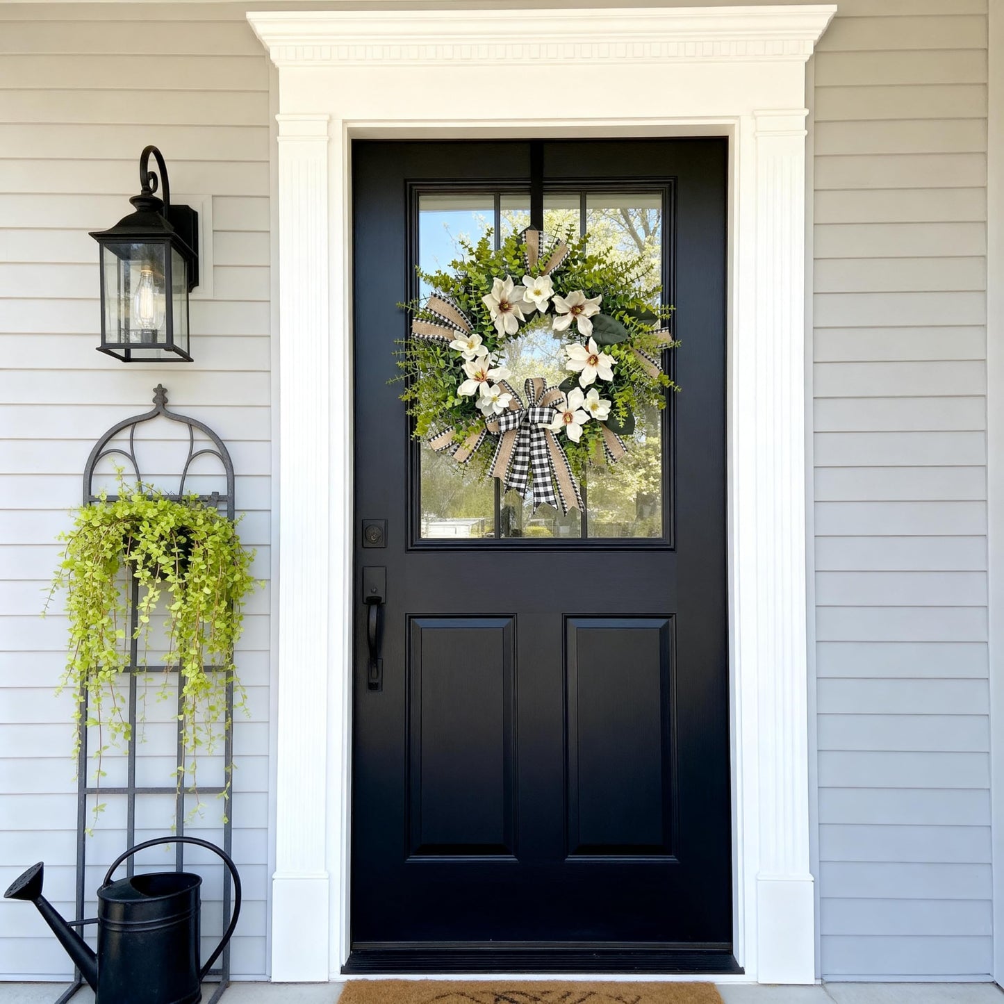 IVKHE 24 Inch Artificial Magnolia Wreath for Front Door – Farmhouse Boxwood Greenery Wreath with Buffalo Plaid Bow, Year-Round Rustic Home Wall Decor for Porch, Entryway, Living Room