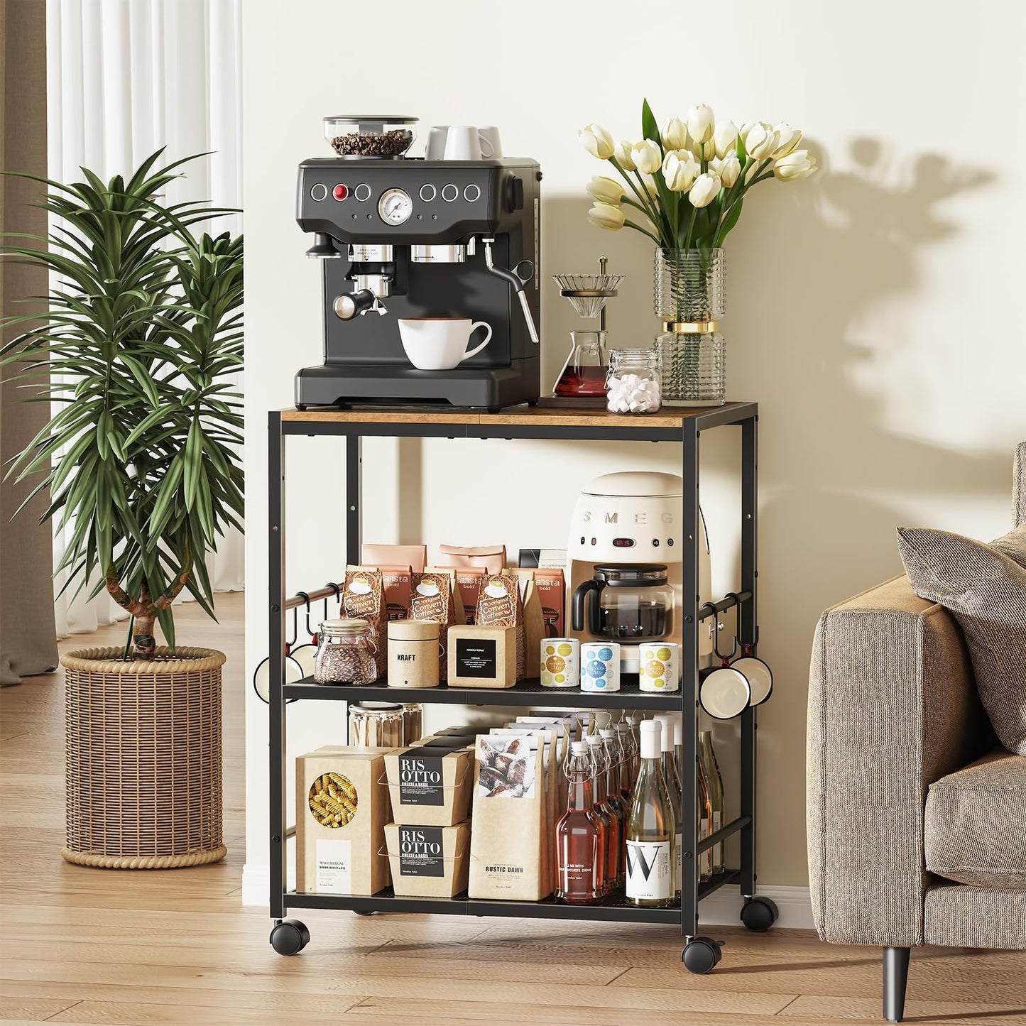 Rolling Kitchen Microwave Cart, 3-Tier Microwave Stand with Adjustable Shelf, Kitchen Storage Cart on Lockable Wheels, Coffee Bar Cart Shelf Rack Organizer for Kitchen, Living Room, Office, Balcony