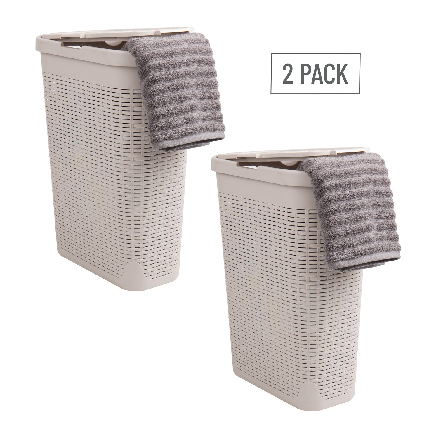 Mind Reader Slim Laundry Hamper with Lid, 40L Clothes Basket, Narrow Tapered Design with Ventilated Cutout Pattern, Plastic, Set of 2, Ivory