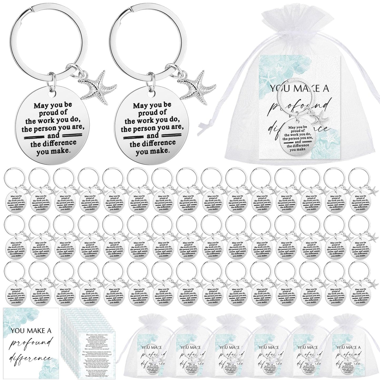 Huquary 100 Sets Starfish Story Gifts You Make a Difference Keychains with Cards Appreciation Gifts for Coworkers Employee Office