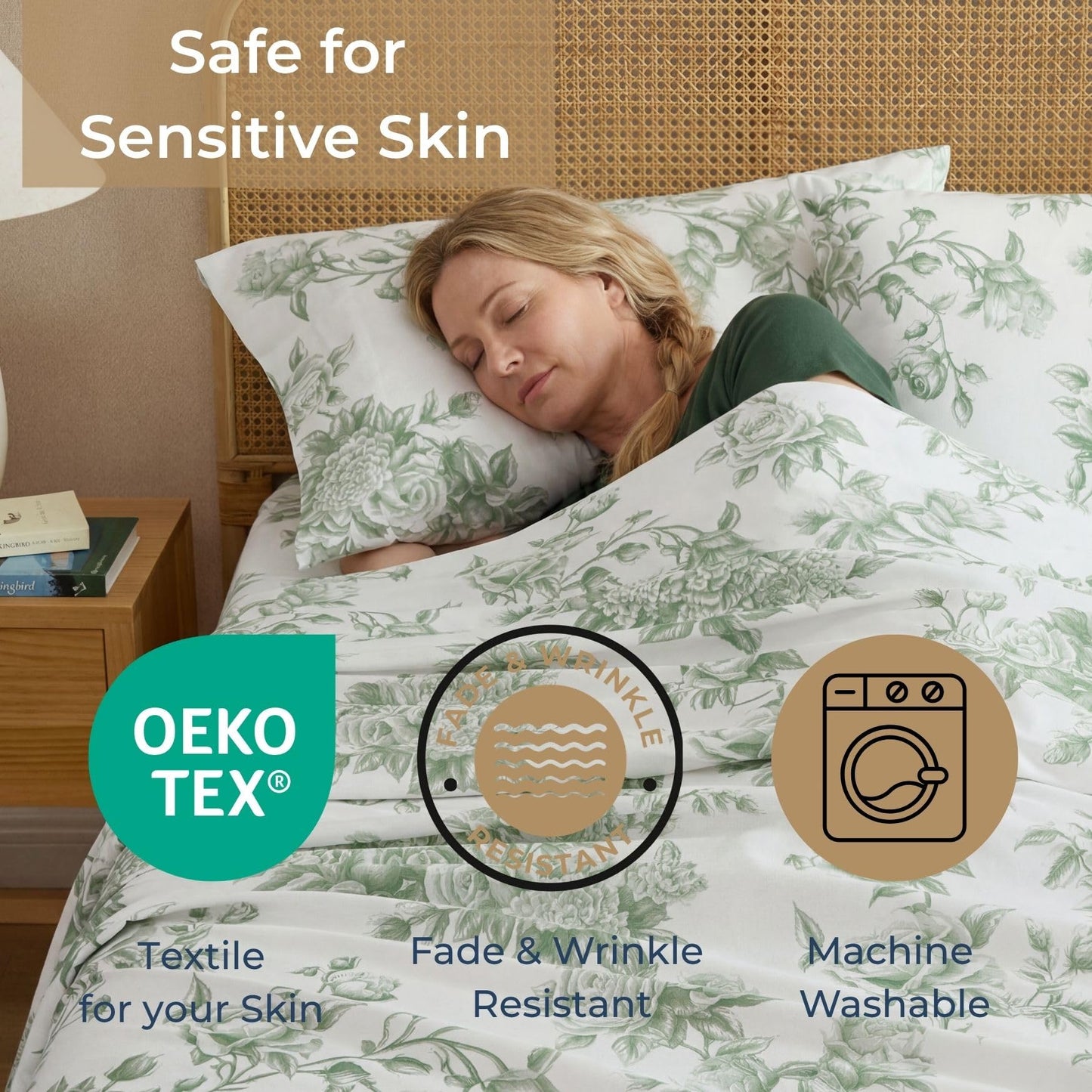 HLC.ME Rose Toile Floral Bed Sheets - 4 Piece Bed Sheet Set - Wrinkle Resistant & Ultra Soft - Fits Mattresses up to 15 Inches Deep (Queen, Sage Green)