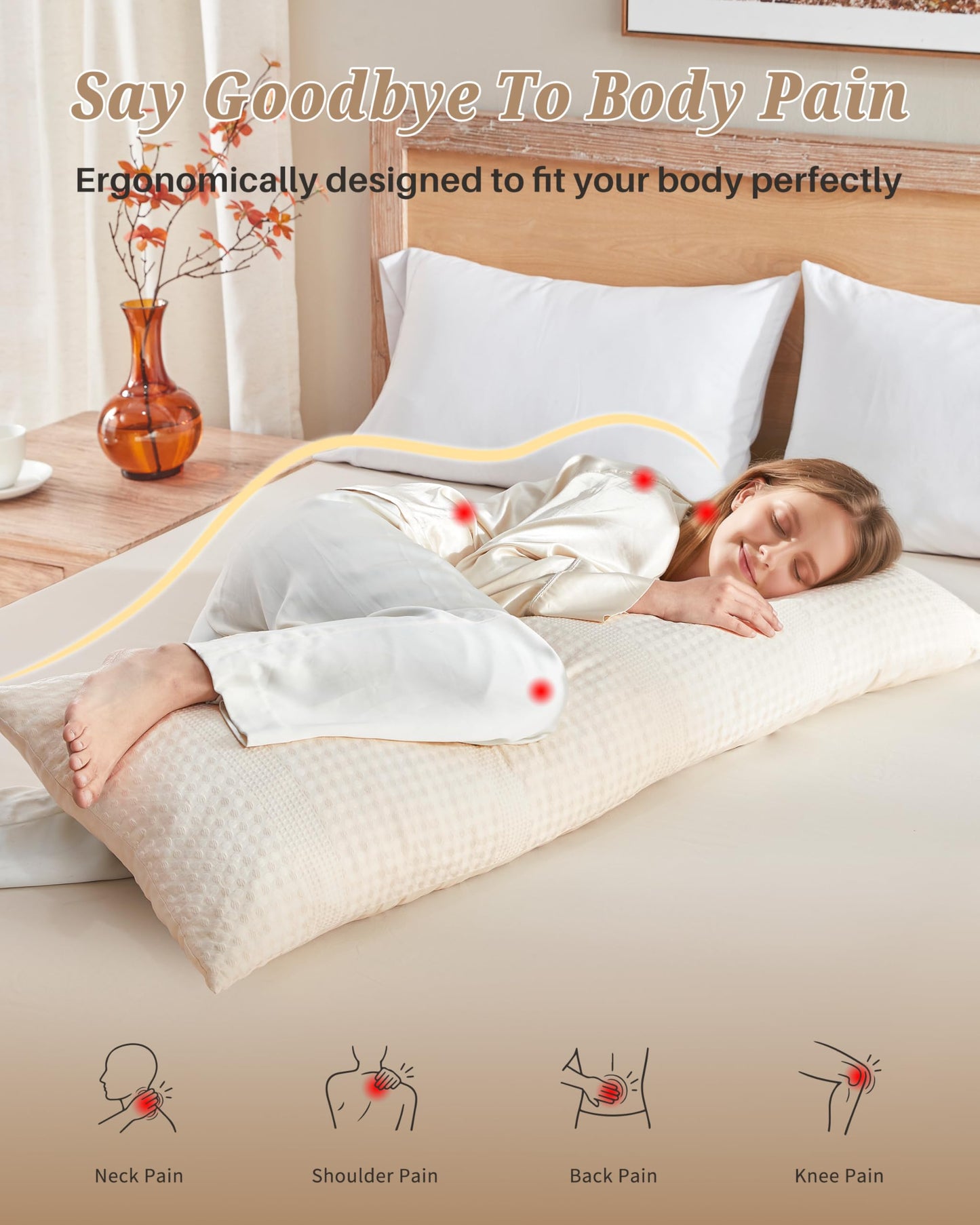 YZ HOME Waffle Weave Body Pillow for Adults - Memory Foam Body Pillow with Removable Pillowcase - Firm and Fluffy - Large Long Bed Pillows for Side Sleepers, Washable, 20x54 Inch(Beige)