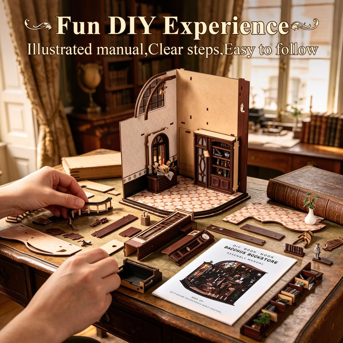 SUNNINO Library Book Nook Kits for Adults, DIY Miniature Dollhouse Bacchus Book Nook Kit, 3D Wooden Puzzle Bookshelf Decor Craft Kits Gift with Led Light for Friend Family