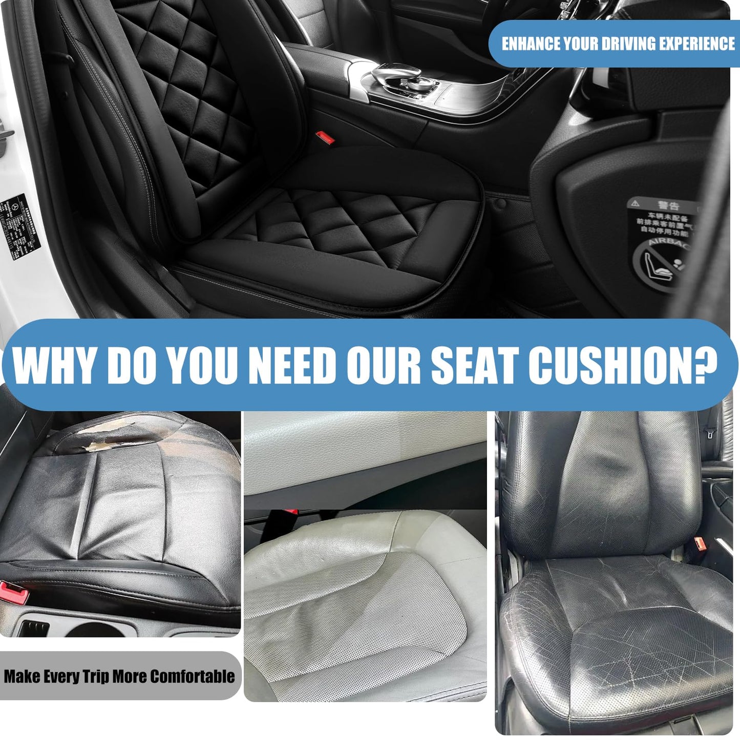 Chezope Car Seat Cushion with Back Support Pillow, Car Seat Cushion for Long Driving, Breathable Car Seat Protector, 1.2'' Thick Memory Foam Design for Pain Relief, Seat Pad for Car SUV Truck (Black)