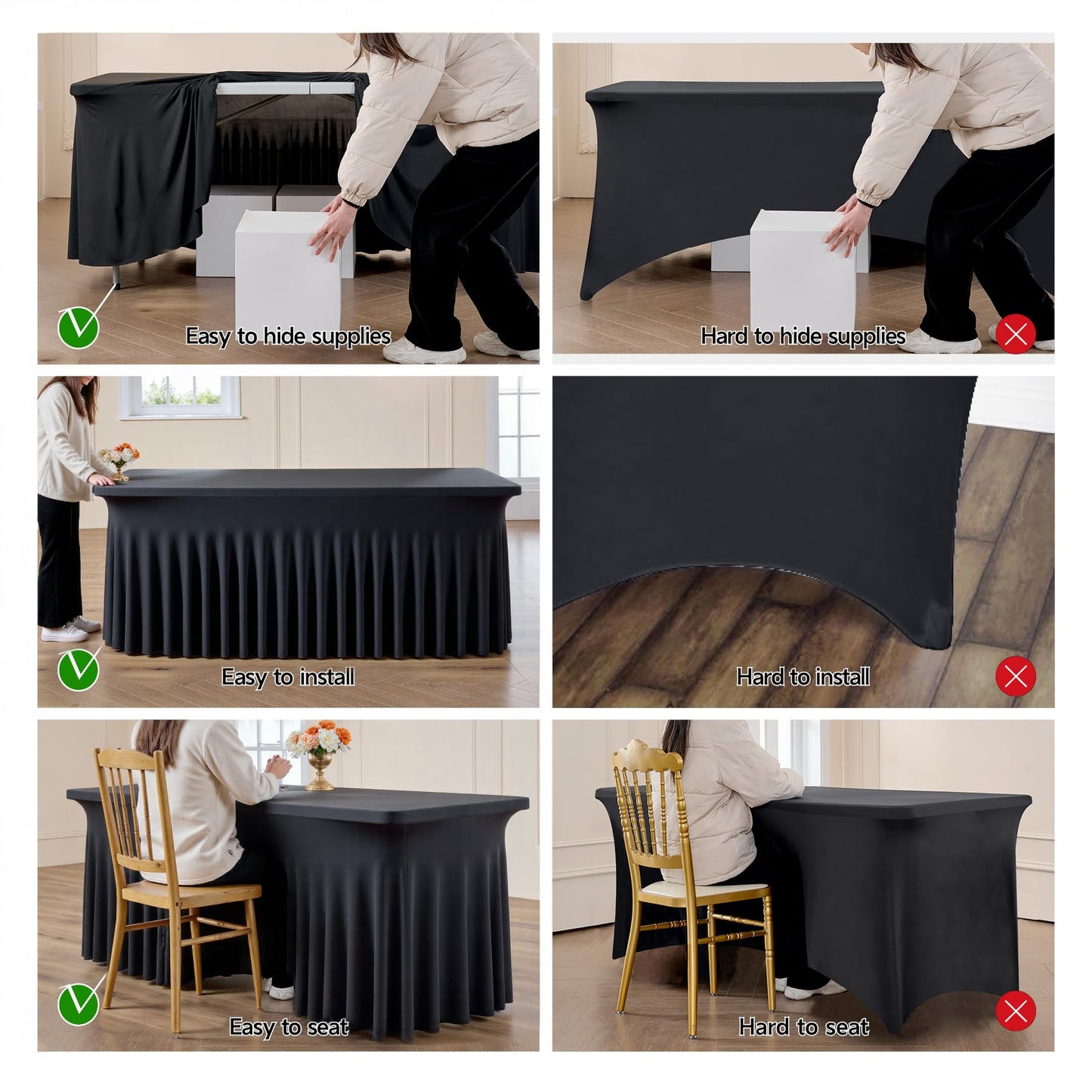 leegleri 4 Pack Black Spandex Table Cloths for 6 Foot Rectangle Tables, Wrinkle Free Stretch Fitted Tablecloths 6ft, Black Banquet Tablecloth with Skirt for Parties Weddings Birthday