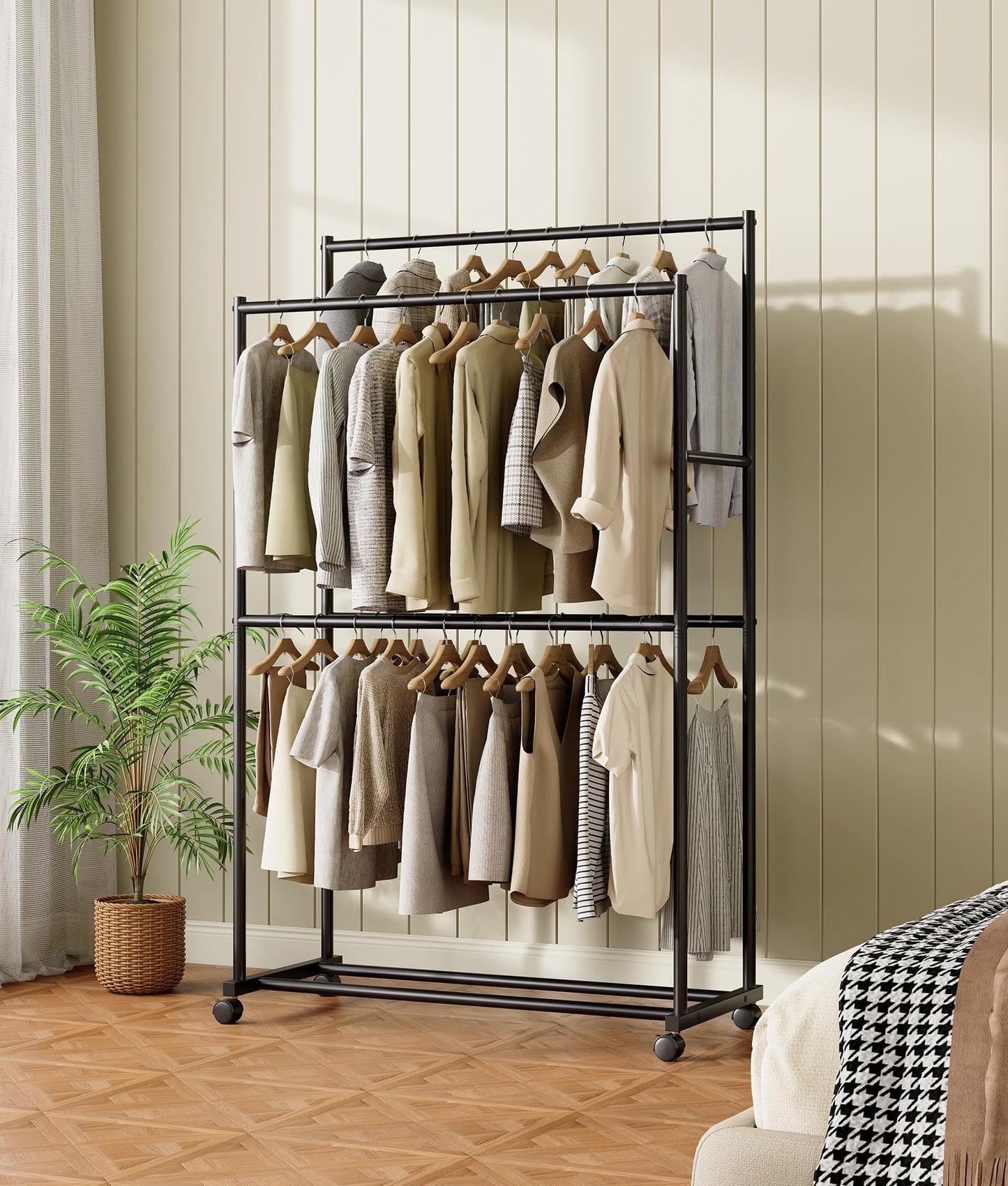 Tujurich Clothes Rack - 36.2" x 21.3" x 72", 4-Bar Double Rod Rolling Metal Clothing Rack for Hanging Clothes, Portable Garment Rack with Wheels for Bedroom Laundry, Closet Wardrobe, Black