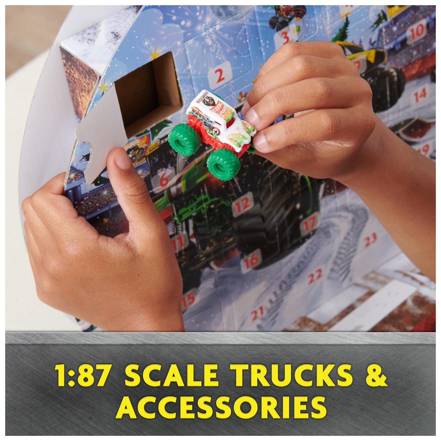 Monster Jam Mini Holiday Advent Calendar, 24 Days of Mini Monster Trucks and Accessories, 1:87 Scale, Kids Toys for Boys and Girls Ages 3 and up