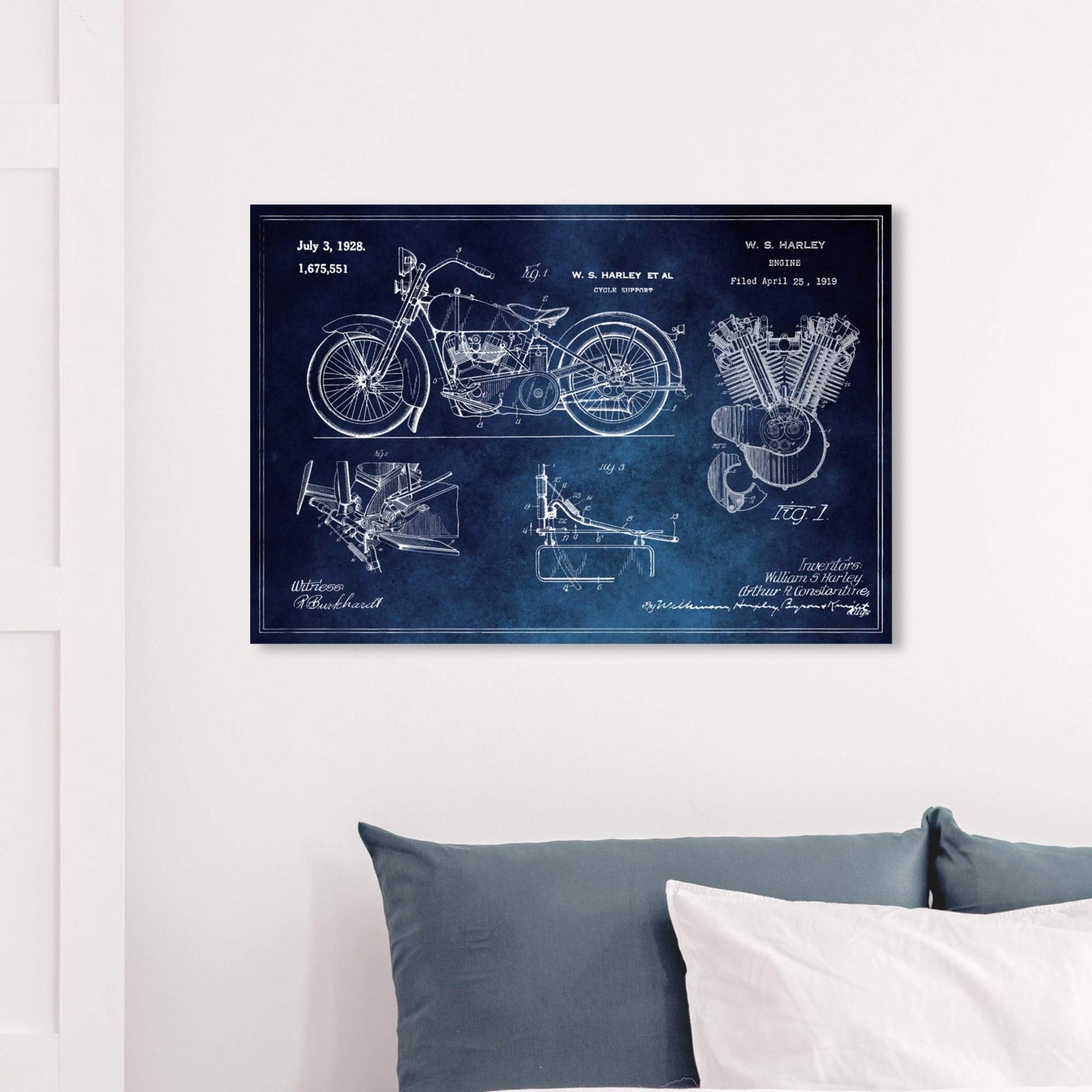 Wynwood Studio Transportation Wall Art Canvas Prints 'Harley Engine 1923 Set Horiz Chalkboard' Home Décor, 30" x 20", Blue, White
