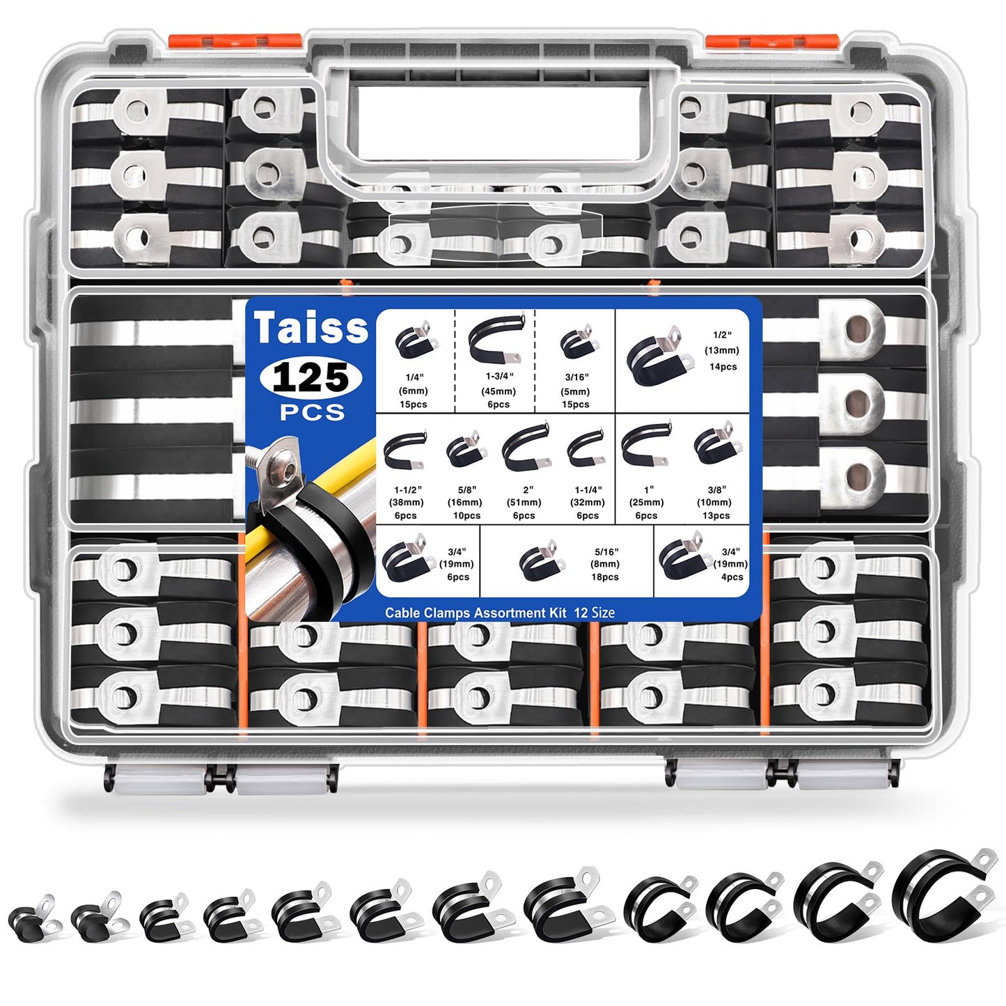 Taiss 125PCS Cable Clamps 304 Stainless Steel Rubber Cushion Pipe Clamps Assortment Kit,12 Sizes 3/16" 1/4" 5/16" 3/8" 1/2" 5/8" 3/4" 1" 1-1/4" 1-1/2" 1-3/4" 2" Wire Clamps With Portable Handheld Box