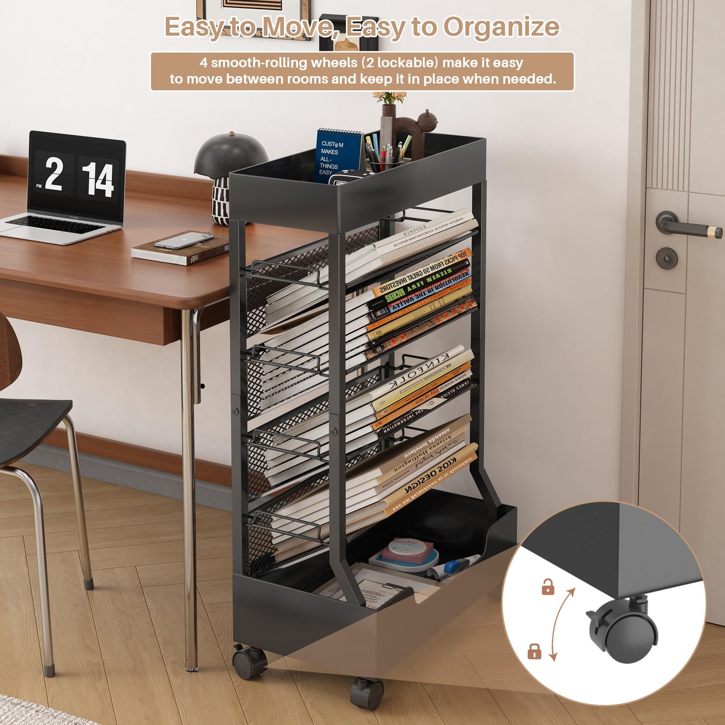 UMDONX Modern Mobile Book Cart Single-Sided Rolling Bookshelf with Metal Top & Base, Premium Snap-in Shelves, Heavy Duty & Elegant Storage for Home Study, Office, Classroom Black