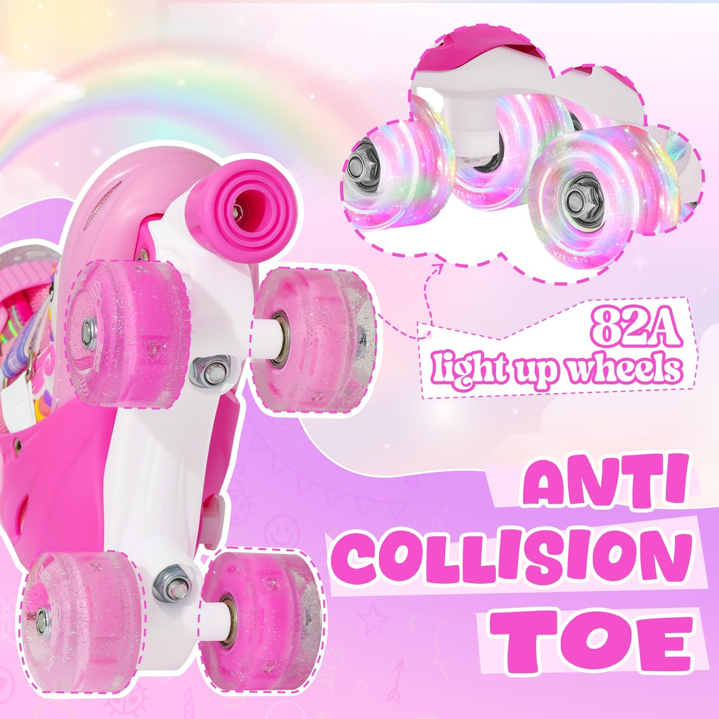 SUPER YOUNGSTER Adjustable Light Up Kids Unicorn Roller Skates for Girls Ages 4-6 5-8 8-12，Toddlers Beginner Cat Roller Skates