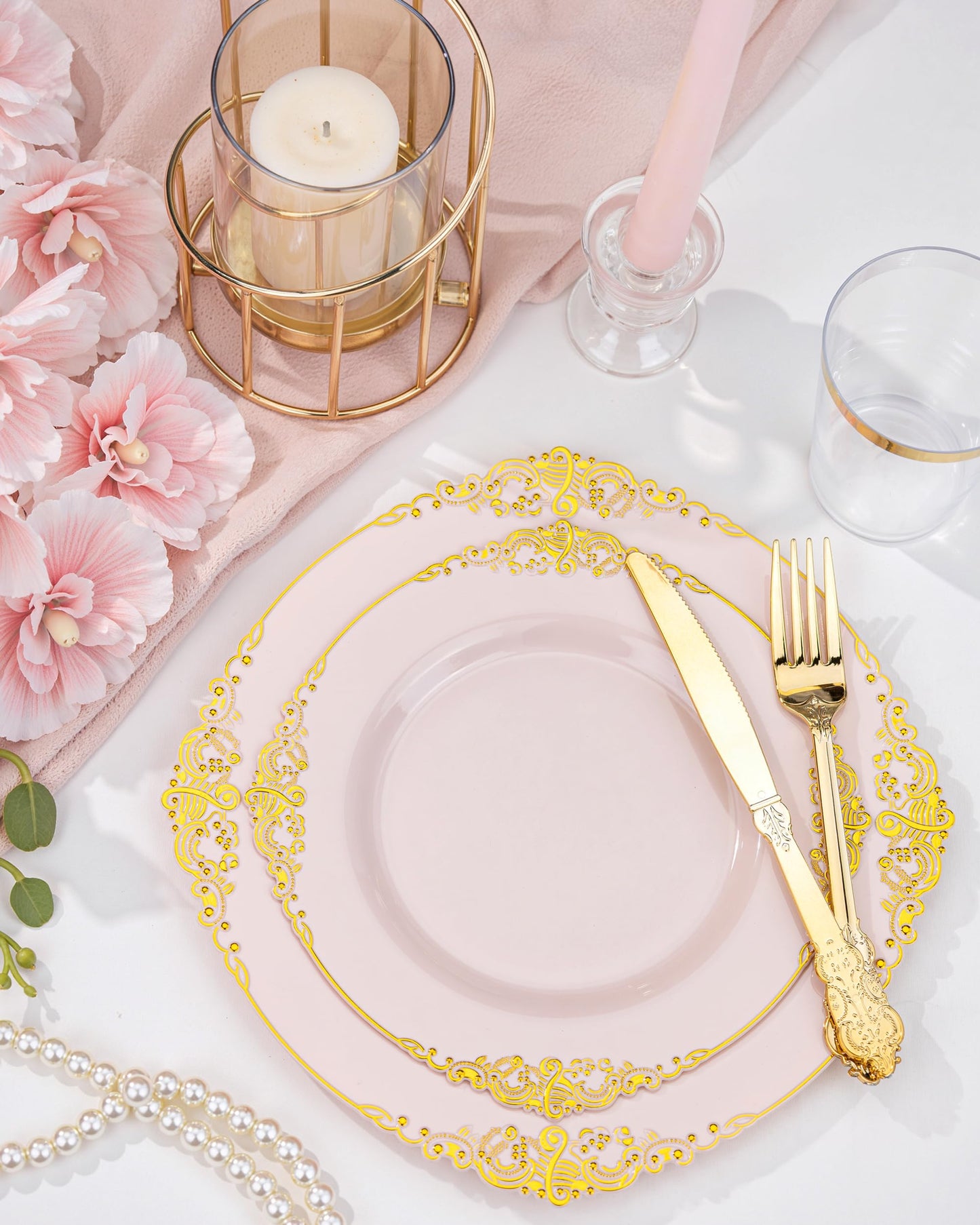 Nervure 100PCS Pink and Gold Plastic Plates - 10.25Inch Pink Disposable Plates - Plastic Dinner Plate for Weddings & Parties