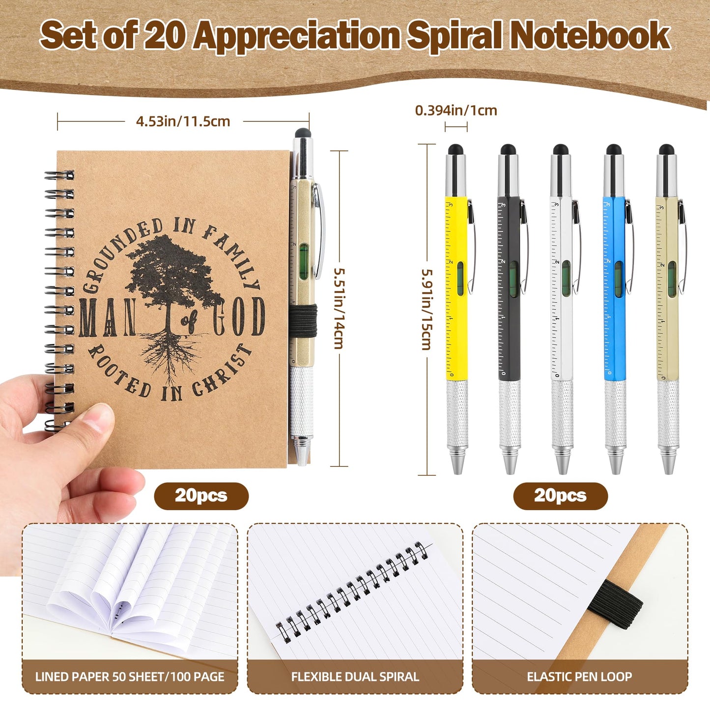 Koeilay 20 Sets Man of God Christian Gifts for Men, Religious Spiral Notebooks with 6 in 1 Multi Tool Pens, Father's Day Birthday Christmas Church Gifts for Coworker Office Staff