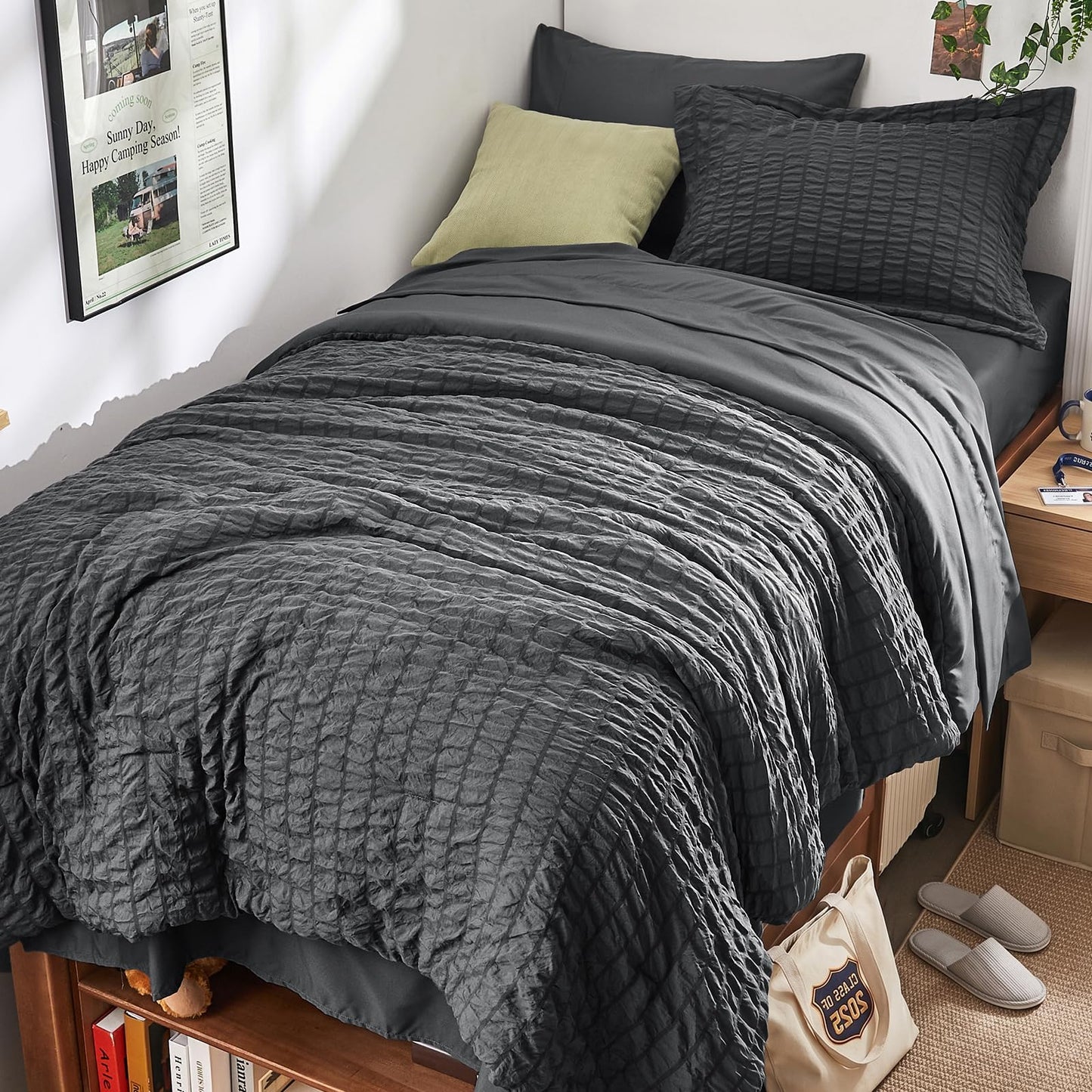 HYMOKEGE Twin XL Comforter Set Seersucker 5 Pieces, All Season Luxury Bed in a Bag for Bedroom, Bedding Set with Comforter, Sheet, Pillowcase & Sham, Dark Grey