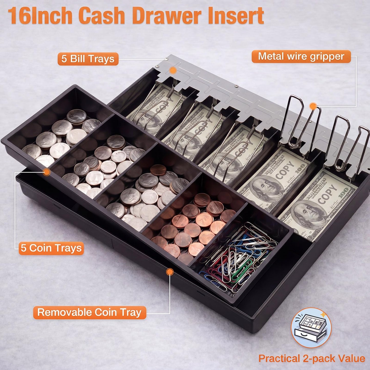 Geelin 2 Pcs 16 Inch Cash Drawer Tray for Small Business, Heavy Duty Cash Drawer Insert 5 Bills and 5 Coins Money Organizer for Money Storage